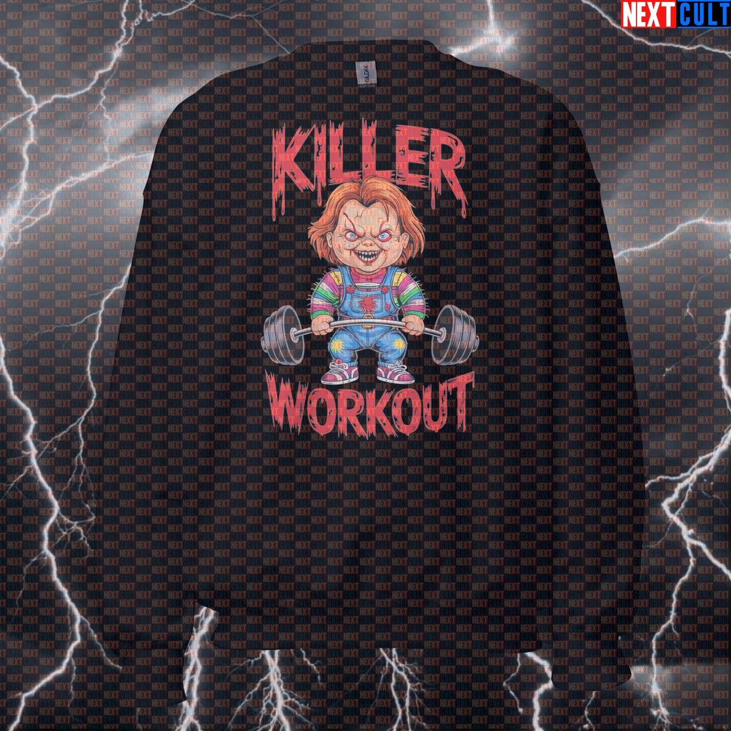 Killer Workout Horror Gym Sweatshirt | Scary Doll Halloween Fitness Sweater | Funny Gym Meme Pullover Sweatshirts Bodybuilding Films Fitness Gym Halloween Powerlifting Pump Cover Workout Next Cult Brand