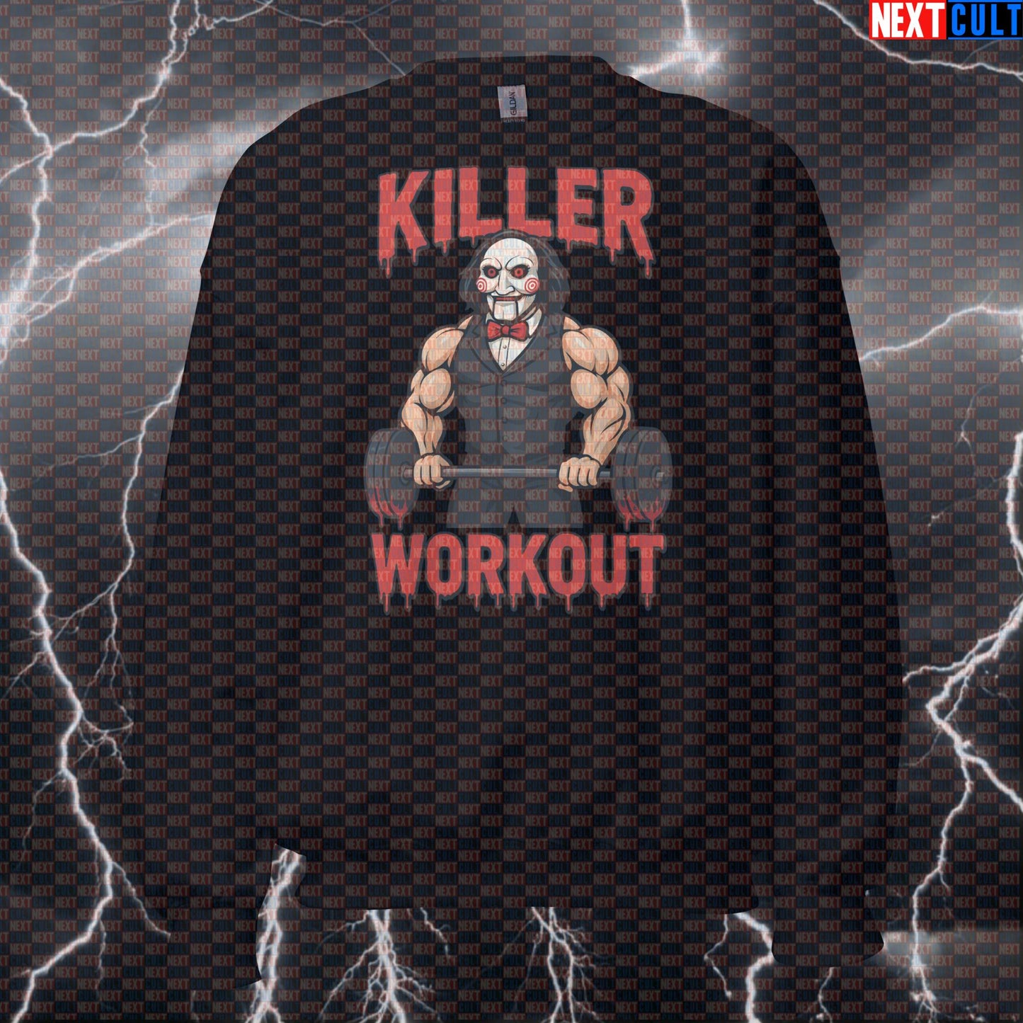 Jigsaw's Fitness Game Horror Meme Sweatshirt | Funny Gym Workout Pullover Bodybuilding Films Fitness Gym Halloween Powerlifting Pump Cover Workout Next Cult Brand