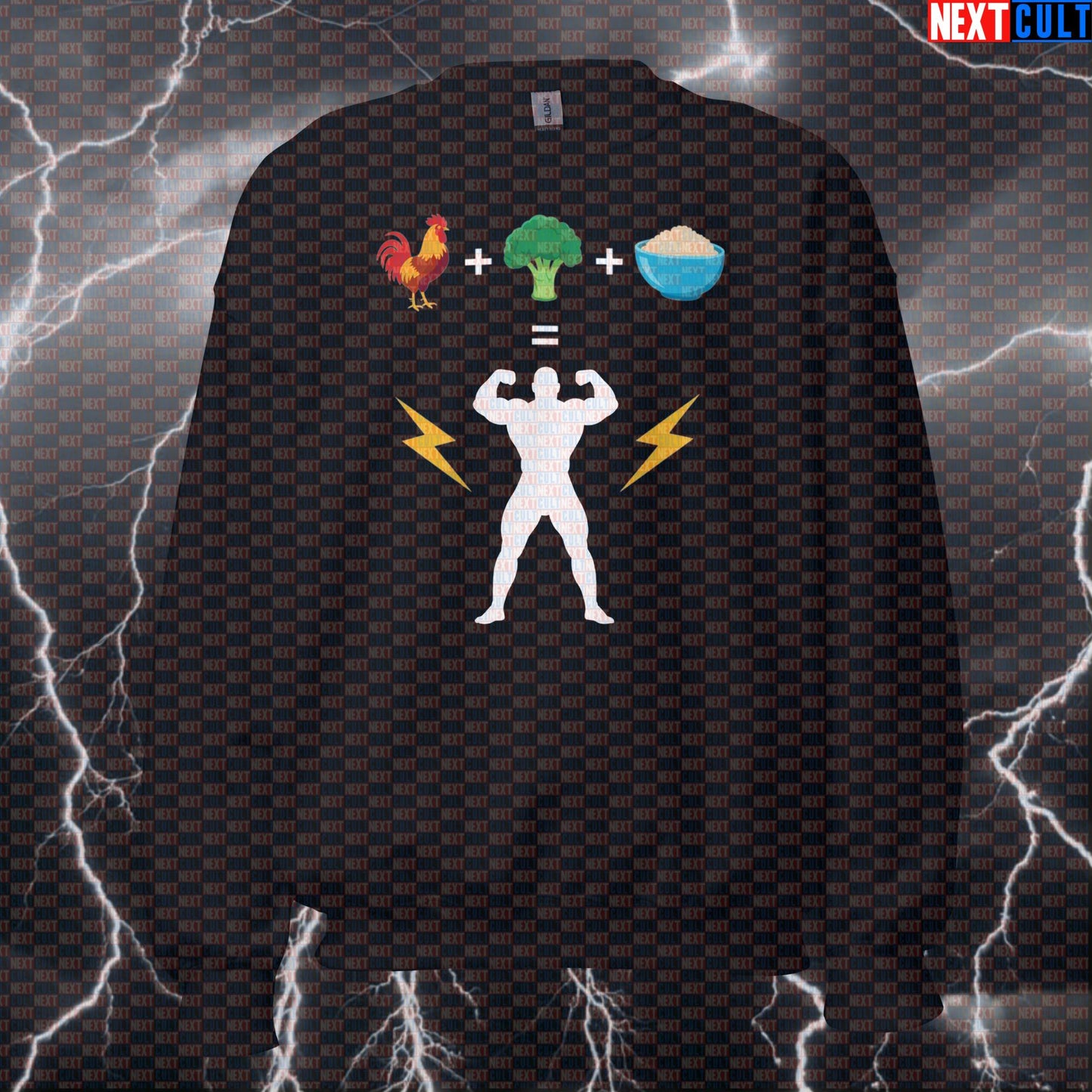 Powered By Chicken Broccoli Rice Sweatshirt | Funny Gym Bro Sweater | Fitness Meme Workout Pullover Sweatshirts Bodybuilding Fast Food Fitness Gym Pump Cover Workout Next Cult Brand