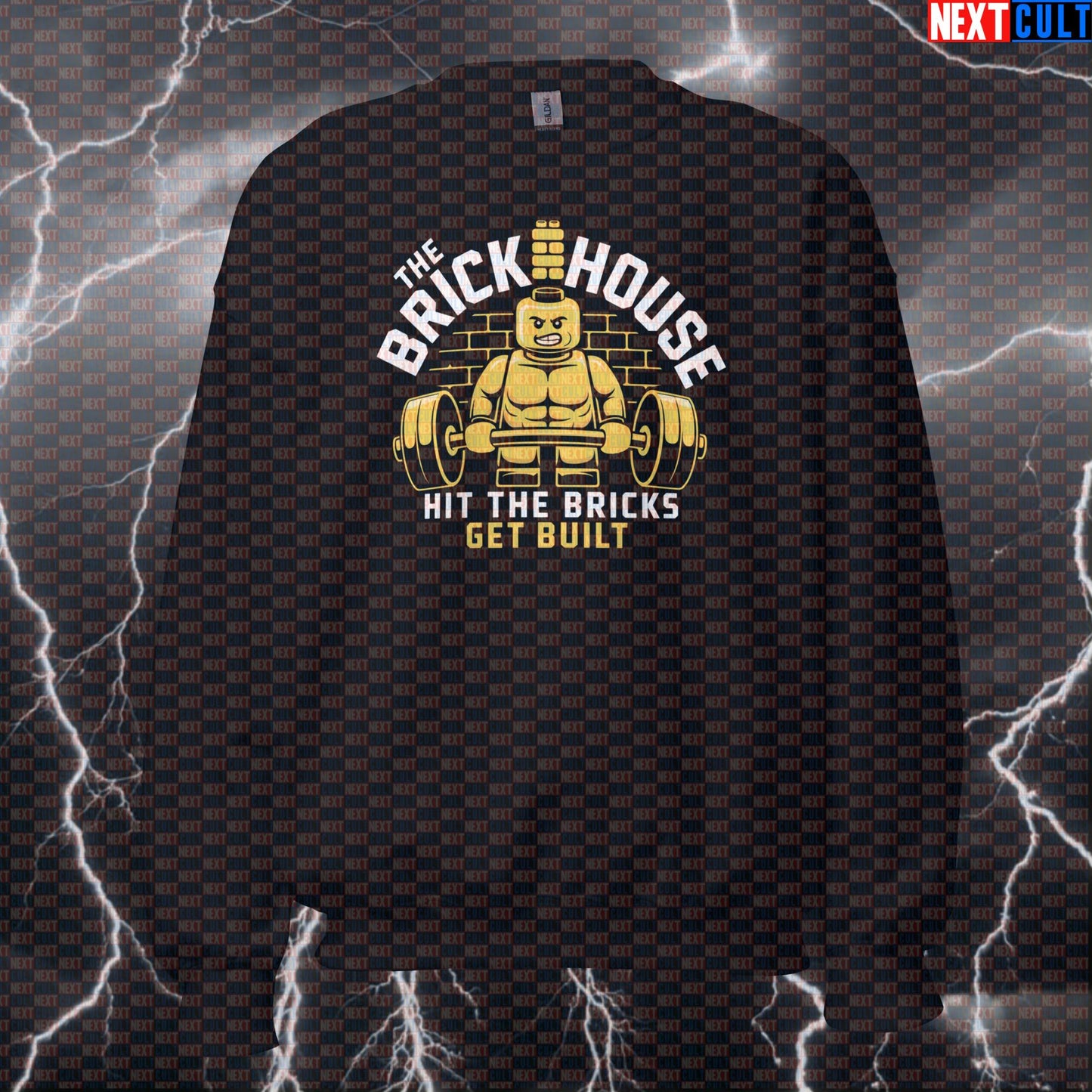 The Brick House Funny Gym Sweatshirt | Get Built Workout Sweater For Lifters | LEGO Bodybuilding Meme Pullover Sweatshirts Bodybuilding Fitness Gym LEGO Powerlifting Pump Cover Workout Next Cult Brand