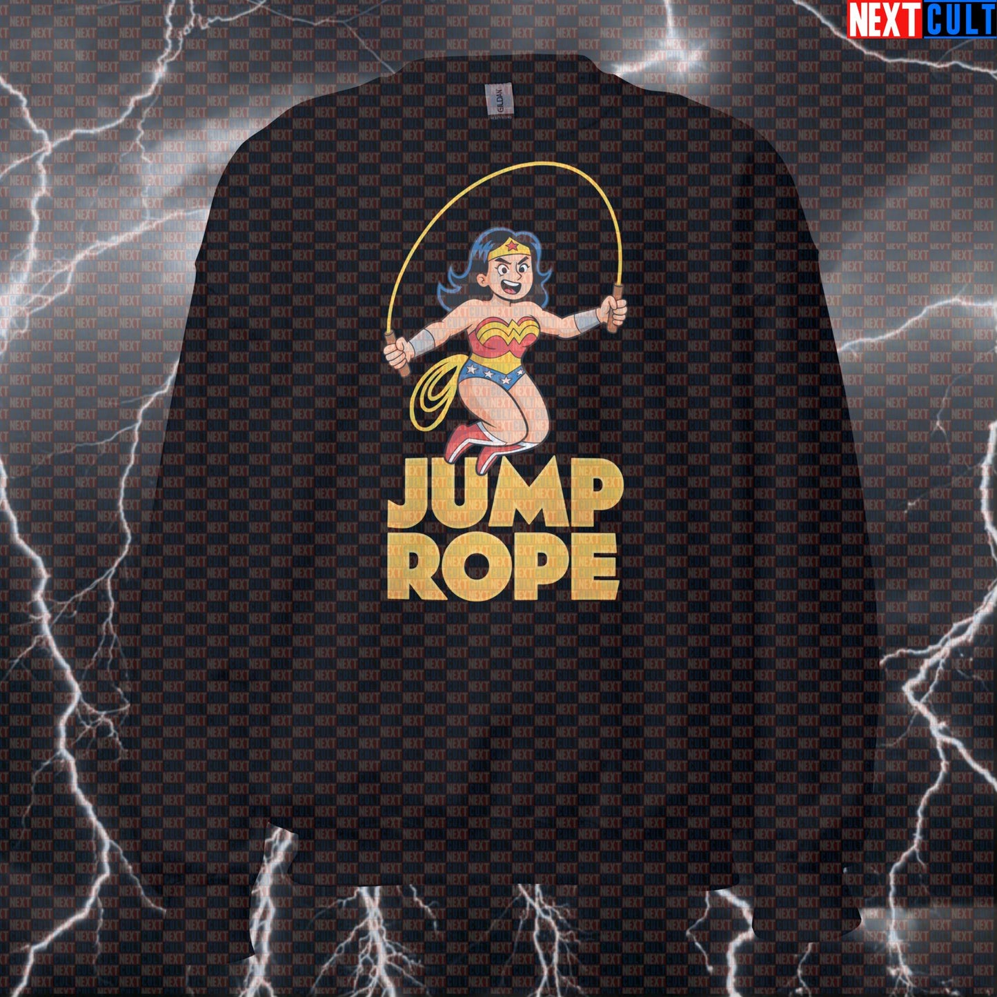 Jump Rope Wonder Woman Gym Sweatshirt | Funny Superhero Cardio Workout Pullover Sweatshirts Cardio Films Fitness Gym Justice League Pump Cover Superheroes Wonder Woman Workout Next Cult Brand