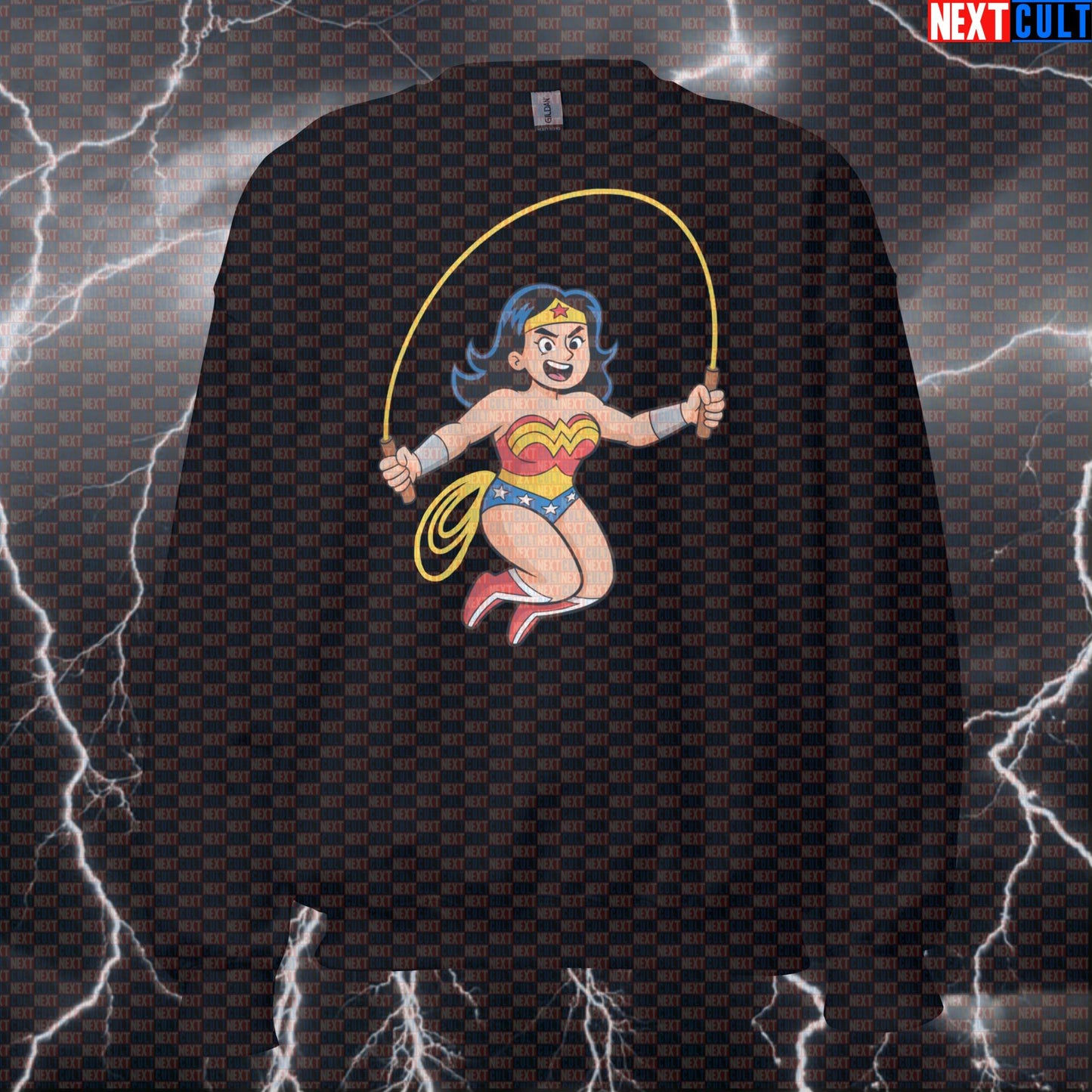 Wonder Woman Jump Rope Funny Gym Sweatshirt | Superhero Cardio Workout Pullover Sweatshirts Cardio Films Fitness Gym Justice League Pump Cover Superheroes Wonder Woman Workout Next Cult Brand
