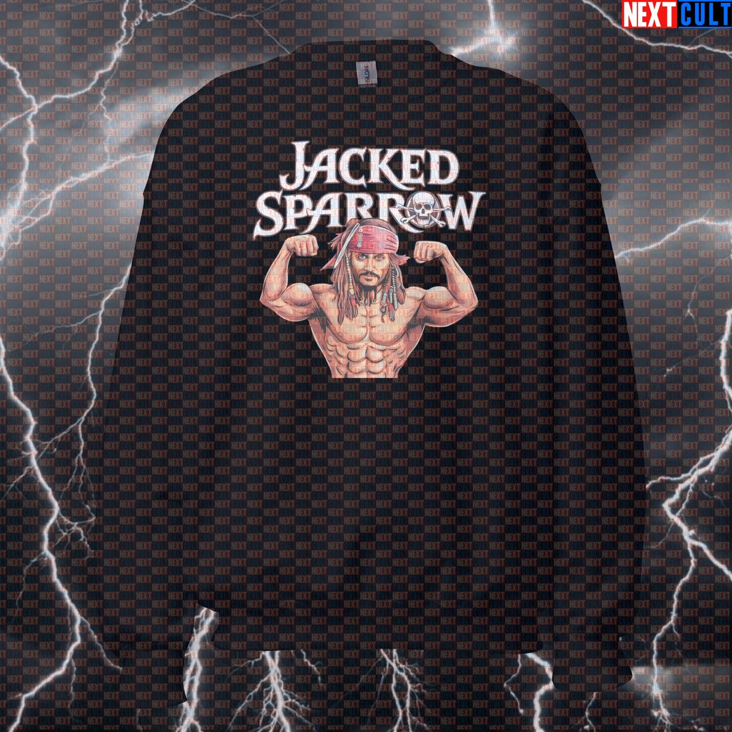 Jacked Sparrow Funny Gym Sweatshirt | Pirate Workout Sweater For Lifters & Bodybuilding Meme Fans | Crewneck Pullover Sweatshirts Bodybuilding Films Fitness Gym Pirates of the Caribbean Pump Cover Workout Next Cult Brand