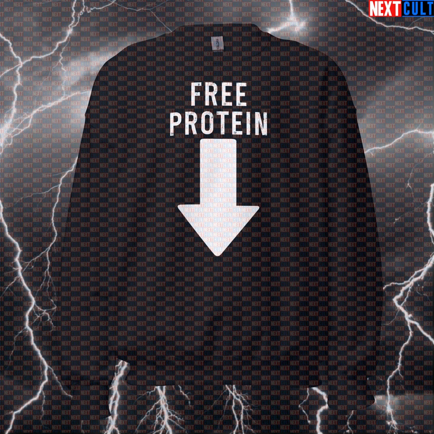 Funny Free Protein Gym Sweatshirt | Sarcastic Workout Sweater For Lifters & Gym Bros | Meme Pullover Sweatshirts Bodybuilding Fitness Gym Pump Cover Workout Next Cult Brand