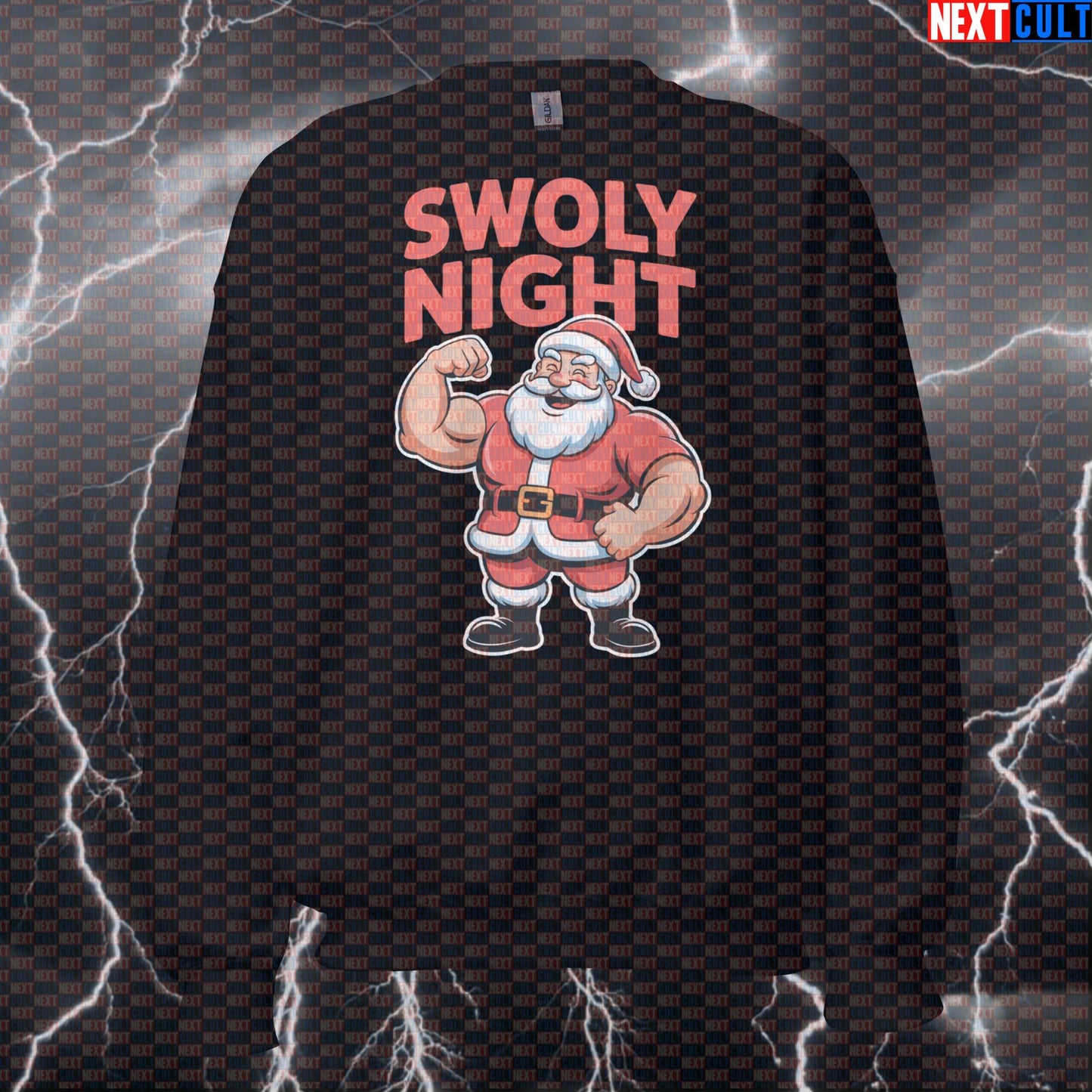 Swoly Night Funny Gym Sweatshirt | Swole Santa Claus Workout Sweater | Christmas Fitness Meme Pullover Bodybuilding Christmas Fitness Gym Pump Cover Workout Next Cult Brand