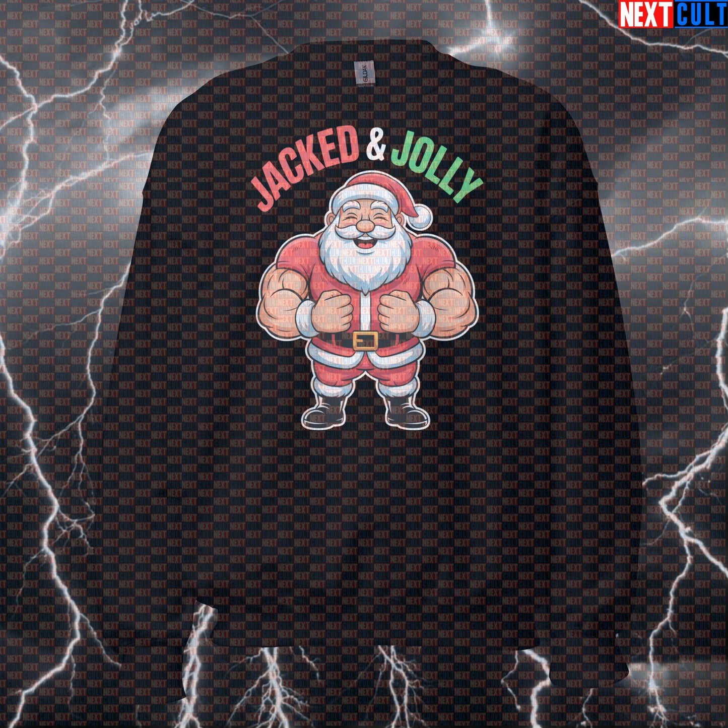 Jacked Jolly Swole Santa Gym Sweatshirt | Funny Christmas Workout Sweater For Lifters | Holiday Pump Cover Bodybuilding Christmas Fitness Gym Pump Cover Workout Next Cult Brand