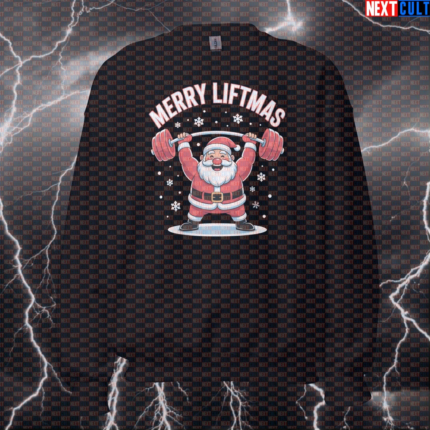Merry Liftmas Funny Gym Sweatshirt | Santa Claus Barbell Workout Sweater | Christmas Pump Cover Pullover Bodybuilding Christmas Fitness Gym Powerlifting Pump Cover Workout Next Cult Brand