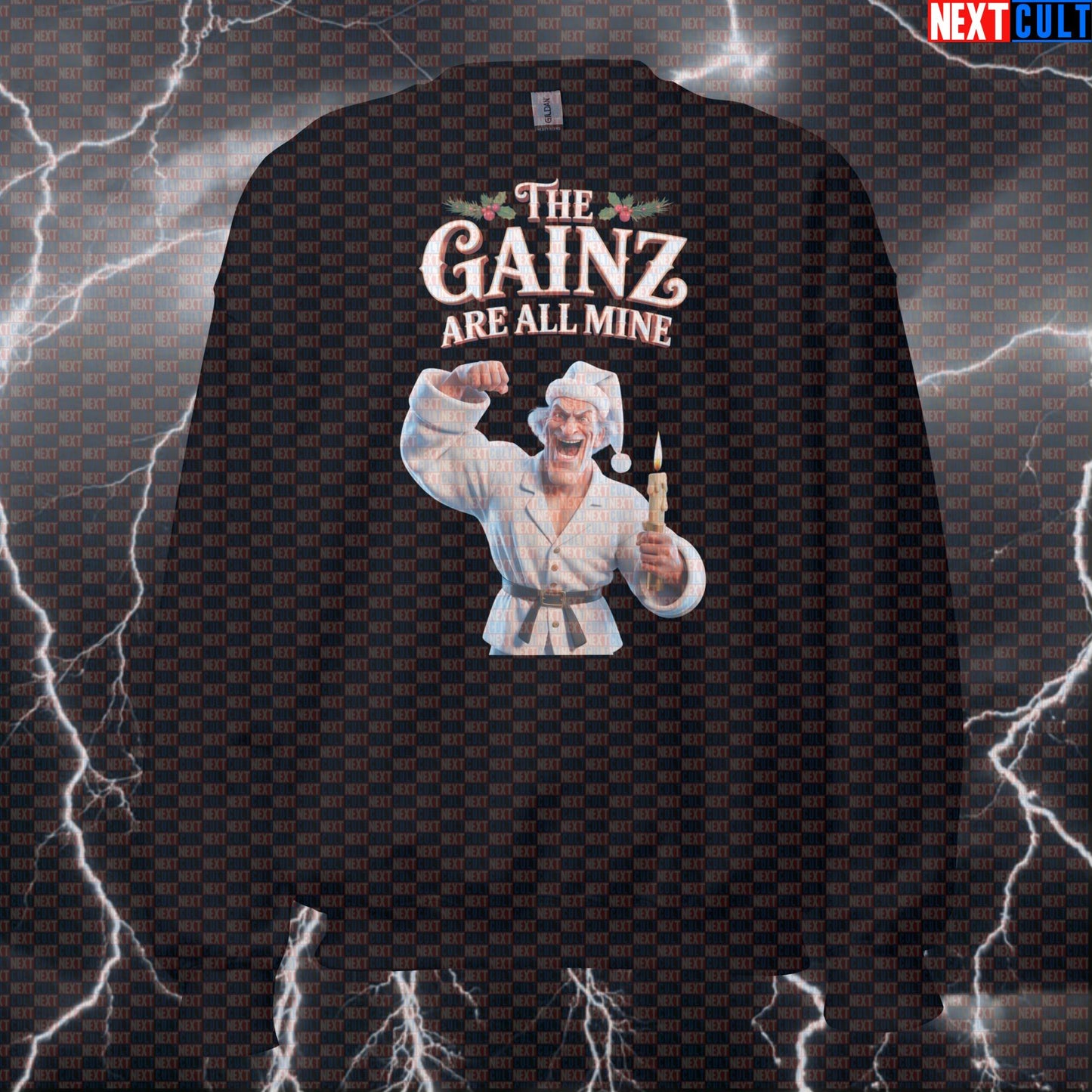 Funny Gym Carol Christmas Sweatshirt | The Gainz Are All Mine Workout Sweater | Ebenezer Scrooge Pump Cover Bodybuilding Christmas Films Fitness Gym Pump Cover Workout Next Cult Brand