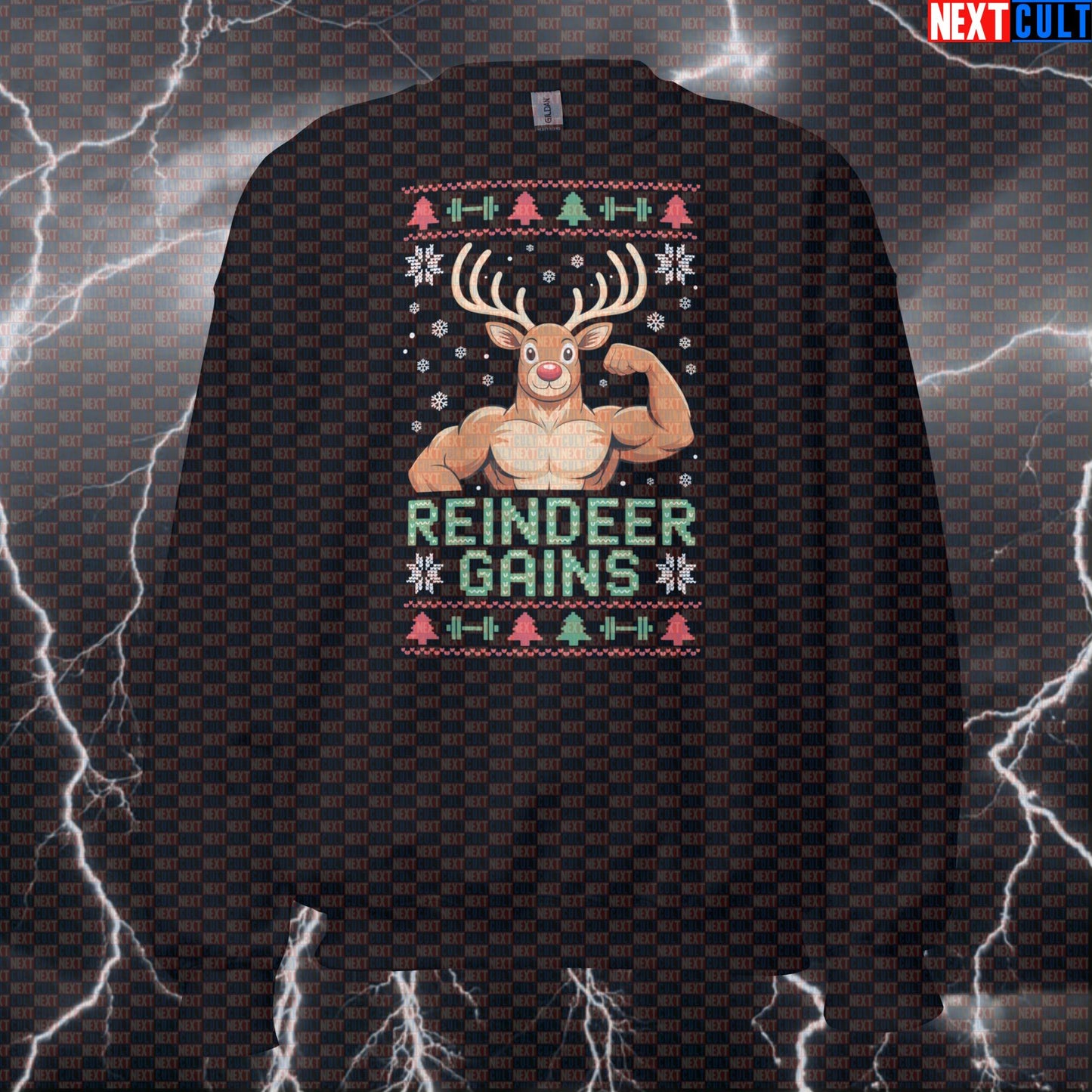 Reindeer Gains Funny Christmas Gym Sweatshirt - Festive Fitmas Workout Jumper Pullover Pump Cover Sweatshirts Bodybuilding Christmas Fitness Gym Pump Cover Workout Next Cult Brand