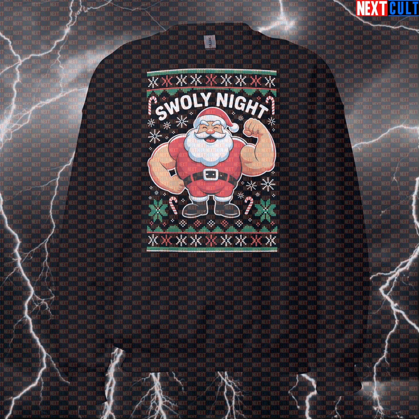 Swoly Night Funny Christmas Gym Sweatshirt | Festive Liftmas Workout Sweater For Gym Bros | Holiday Pump Cover Sweatshirts Bodybuilding Christmas Fitness Gym Pump Cover Workout Next Cult Brand