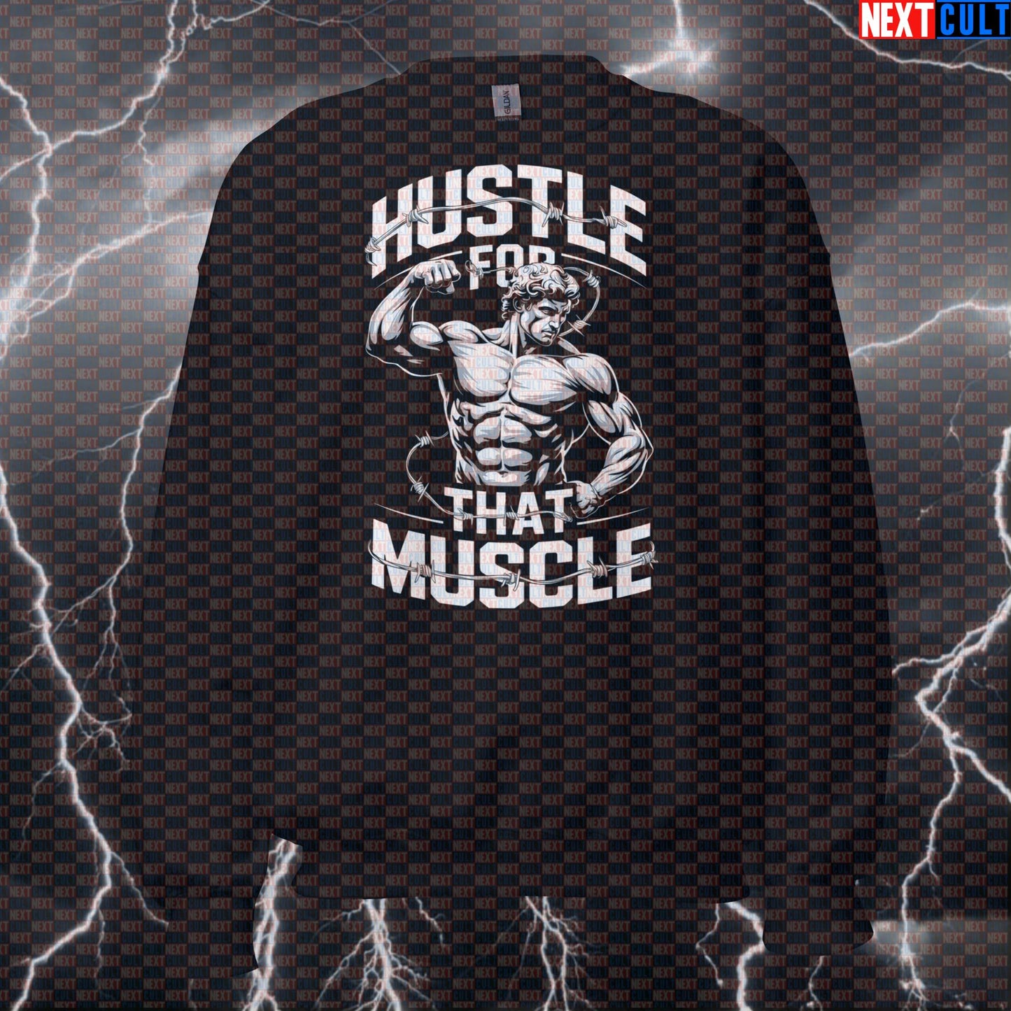 Funny Hustle For That Muscle Gym Sweatshirt | Greek God Meme Workout Sweater | Protein Powered Pullover Ancient Greece Bodybuilding Fitness Gym Pump Cover Workout Next Cult Brand