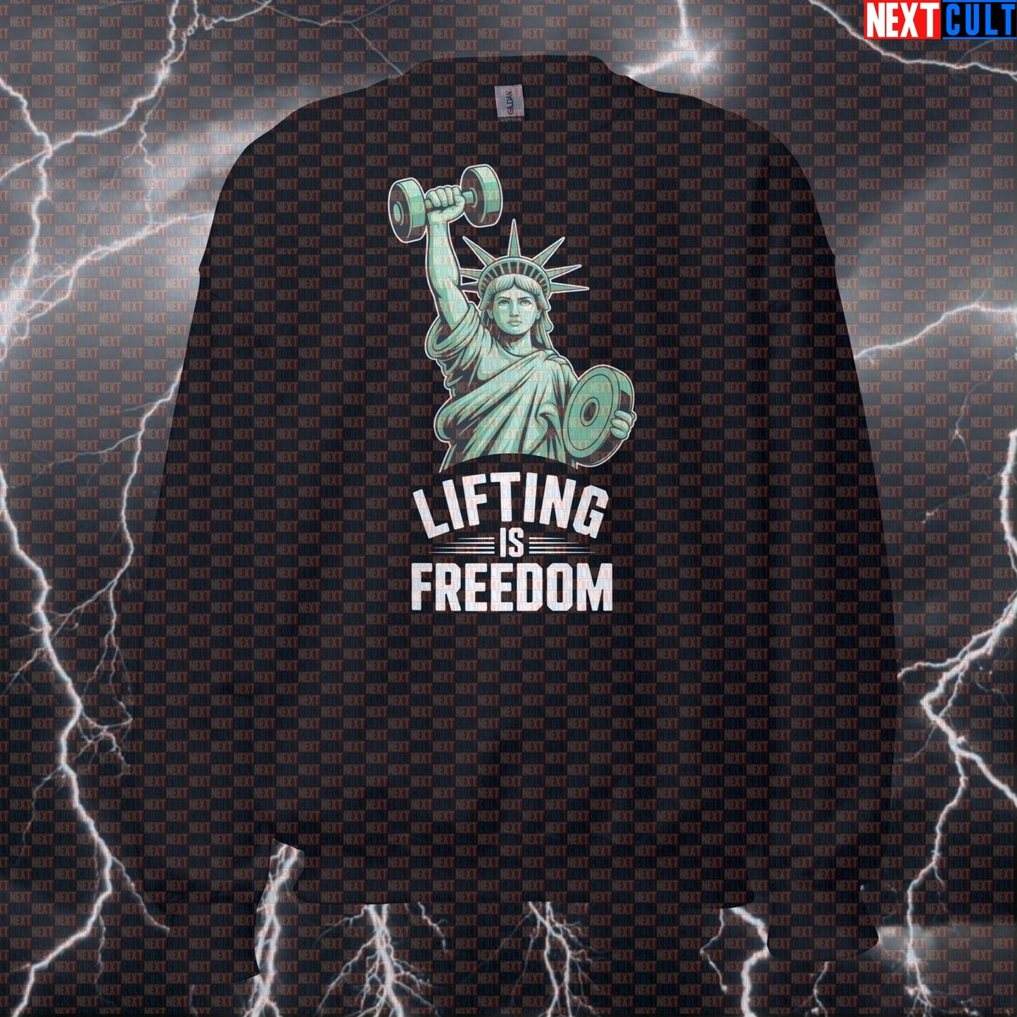 Lifting Is Freedom Gym Sweatshirt | Statue of Liberty Meme Workout Sweater | Funny 4th of July Pump Cover 4th of July Bodybuilding Fitness Gym Powerlifting Pump Cover Statue of Liberty Workout Next Cult Brand
