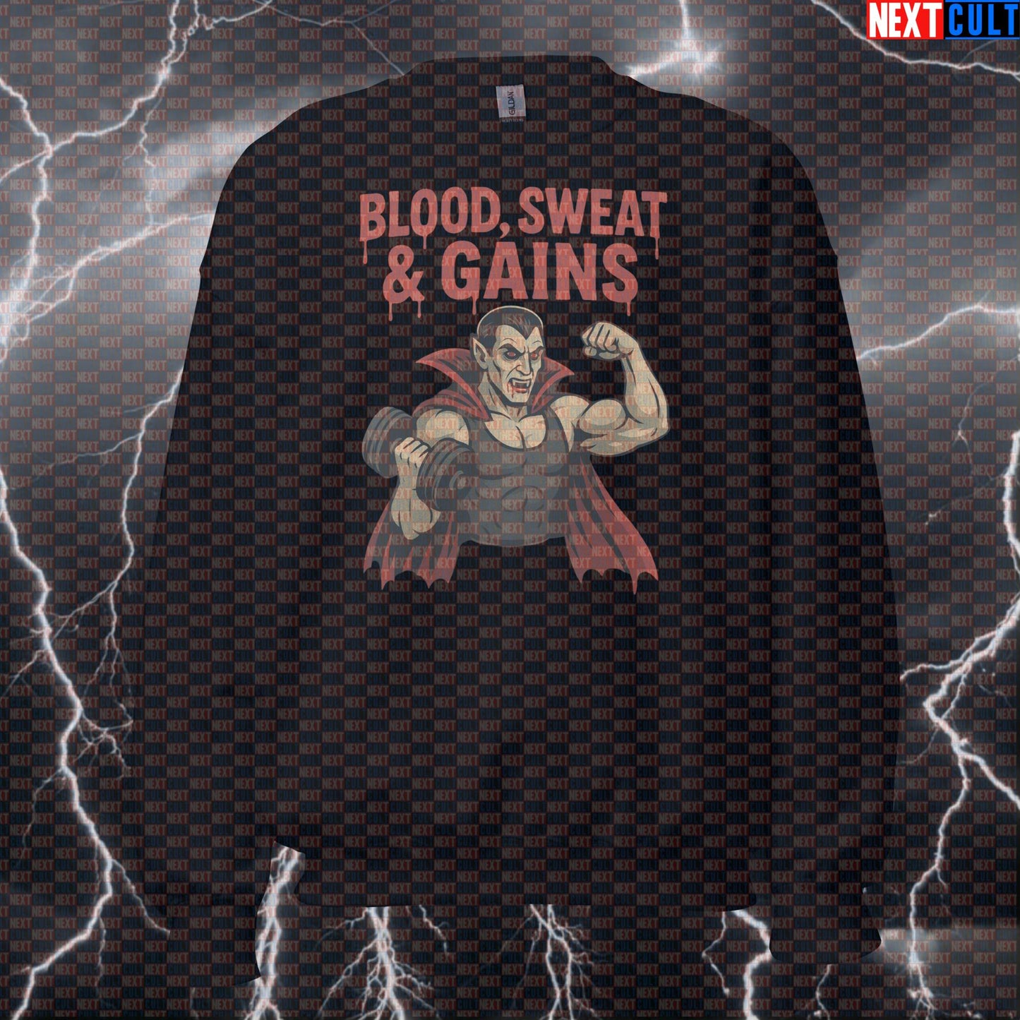Blood Sweat & Gains Dracula Gym Sweatshirt | Vampire Workout Jumper Pump Cover Sweatshirts Bodybuilding Films Fitness Gym Halloween Pump Cover Workout Next Cult Brand