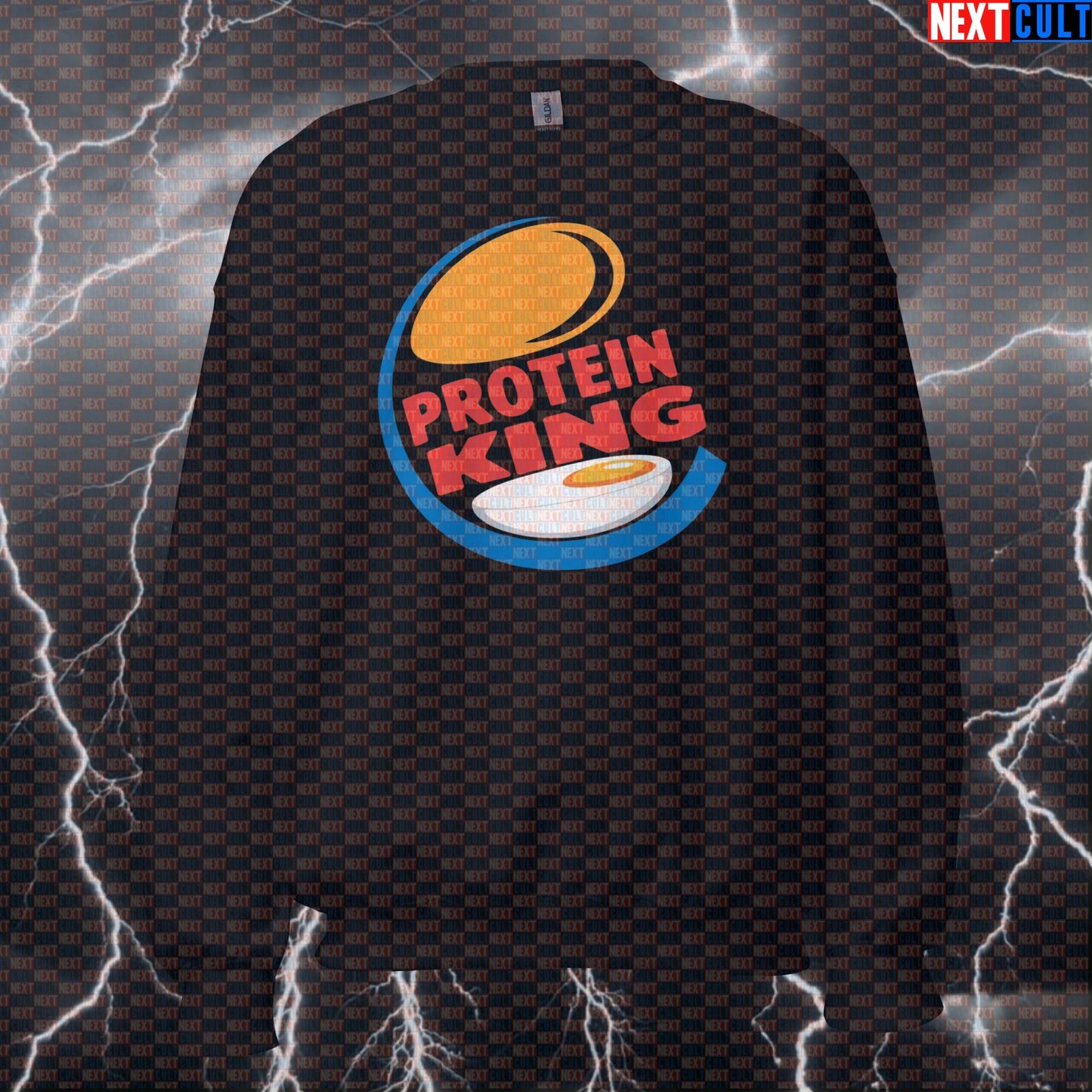 Funny Protein King Gym Sweatshirt | Burger King Parody Workout Sweater | Easter Egg Meme Pullover Bodybuilding Easter Fast Food Fitness Gym Pump Cover Workout Next Cult Brand