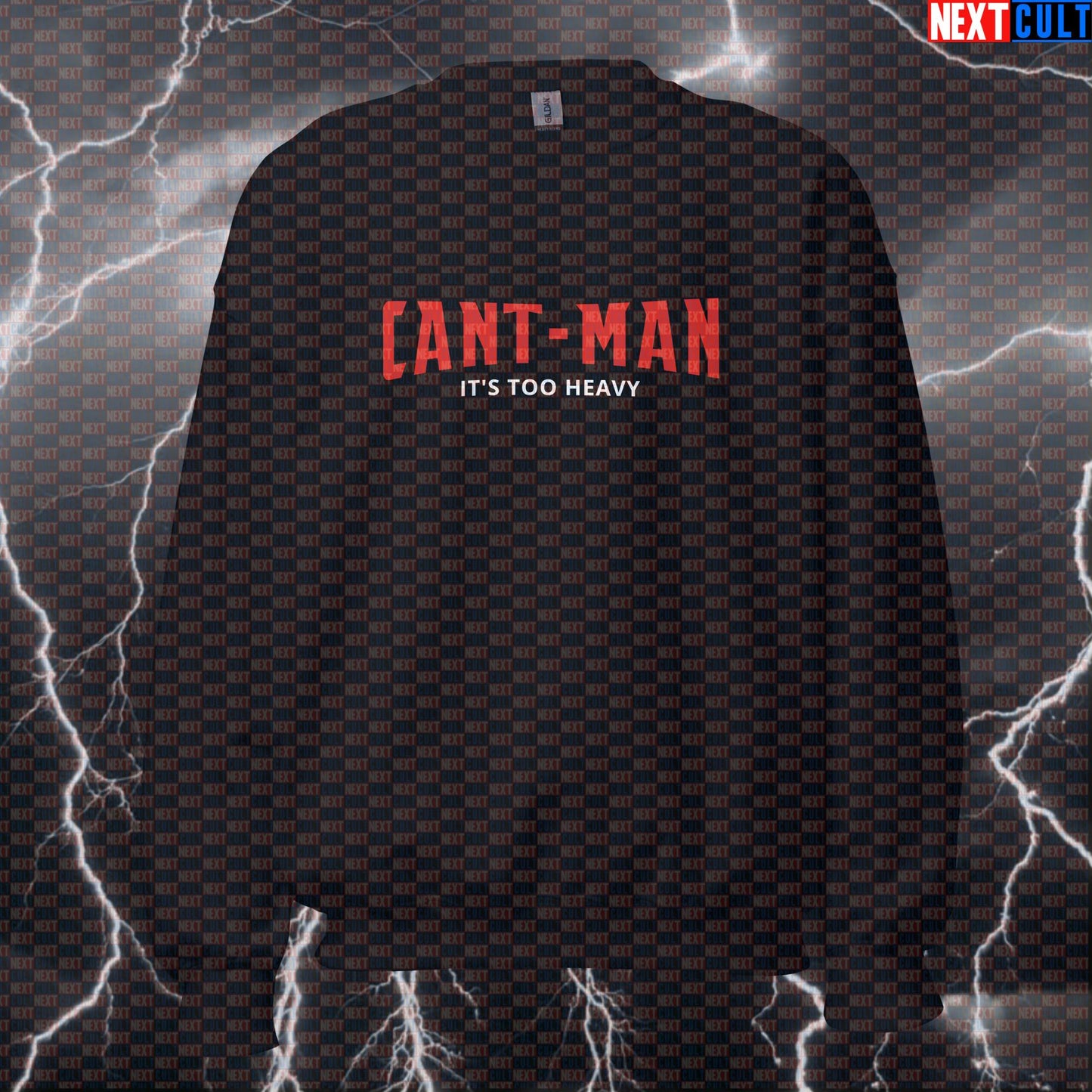 Can’t-Man “It’s Too Heavy” Funny Gym Sweatshirt – Heavy Lift Meme Pullover Crewneck for Lifters & Gym Rats Ant-Man Avengers Bodybuilding Films Fitness Gym Powerlifting Pump Cover Superheroes Workout Next Cult Brand