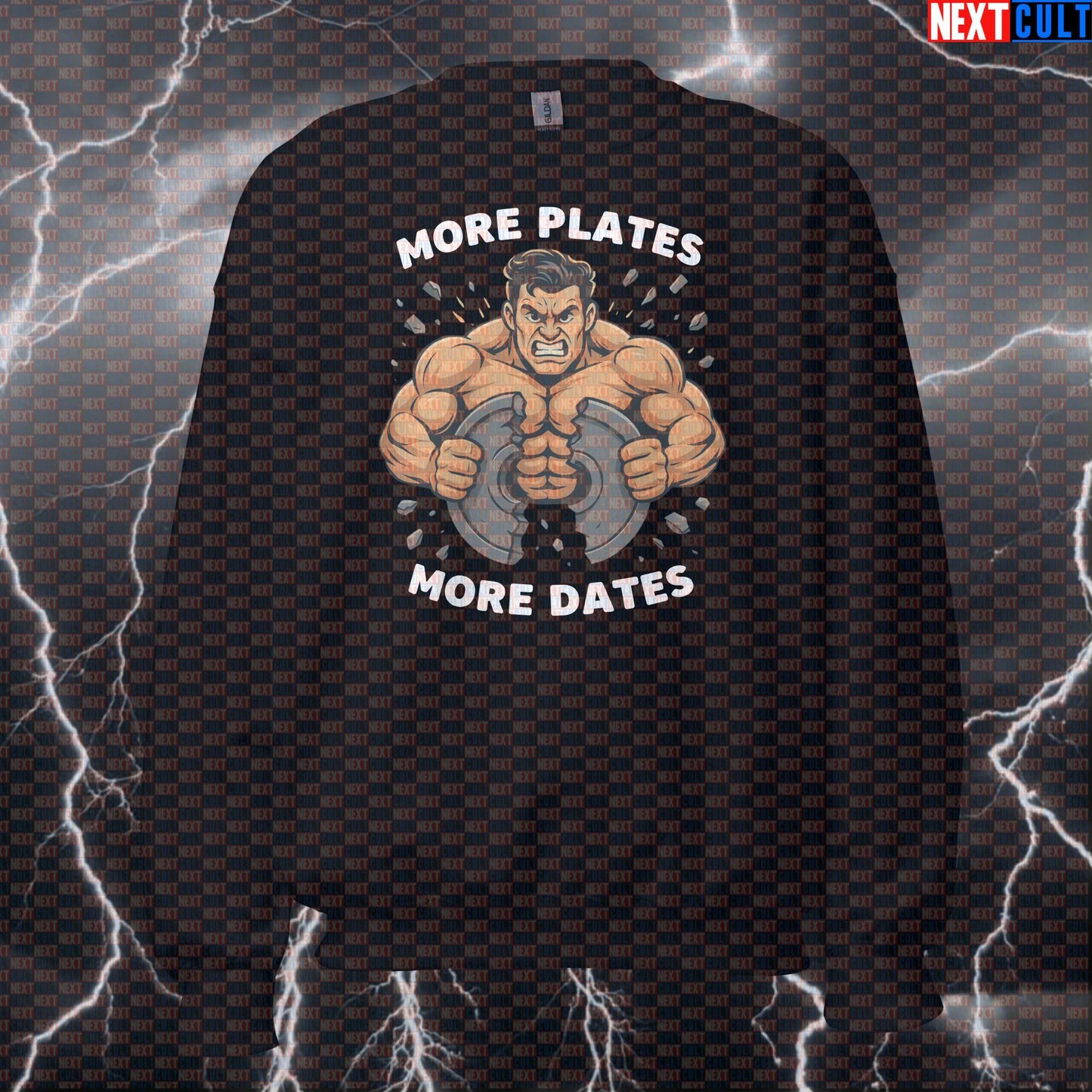 More Plates More Dates Gym Meme Sweatshirt | Funny Workout Pullover Crewneck Bodybuilding Fitness Gym Powerlifting Pump Cover Workout Next Cult Brand