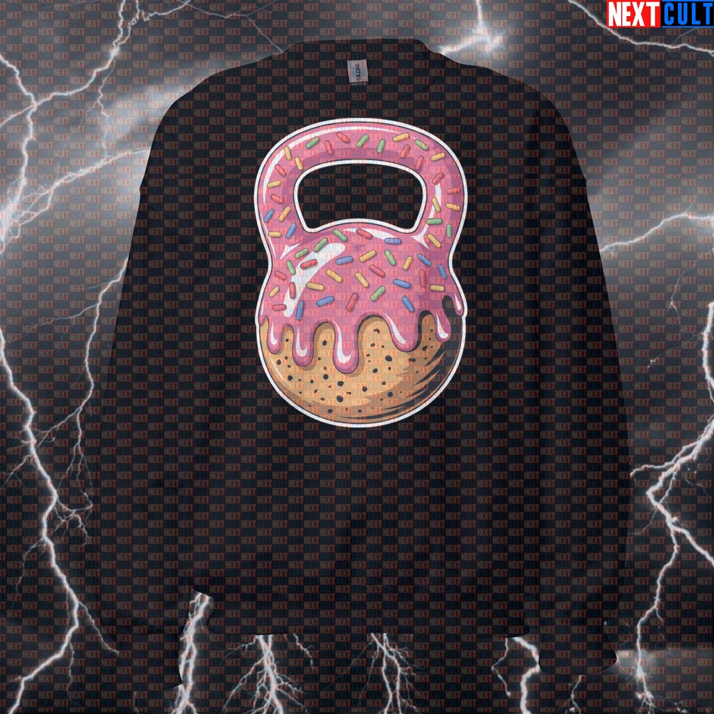 Donut Kettlebell Funny Gym Sweatshirt - Bakery Gains Meme Jumper Pullover Pump Cover Bulking Donuts Fast Food Fitness Gym Kettlebell Pump Cover Workout Next Cult Brand