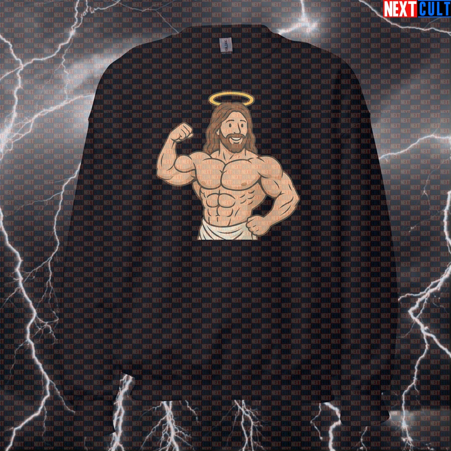 Jesus Bodybuilder Funny Gym Sweatshirt | Swoly Spirit Workout Pullover Crewneck Bodybuilding Easter Fitness Gym Jesus Pump Cover Workout Next Cult Brand