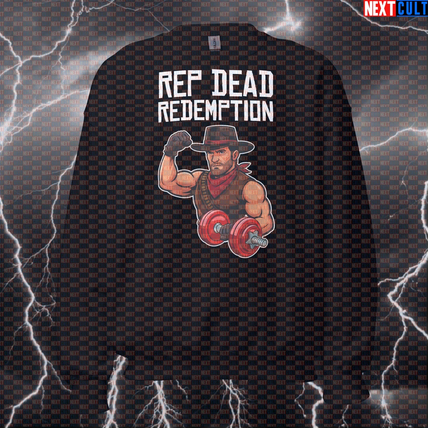 Rep Dead Redemption Swole Cowboy Workout Sweatshirt | Funny Gym Crewneck Pullover Bodybuilding Fitness Gym Pump Cover Video Games Workout Next Cult Brand