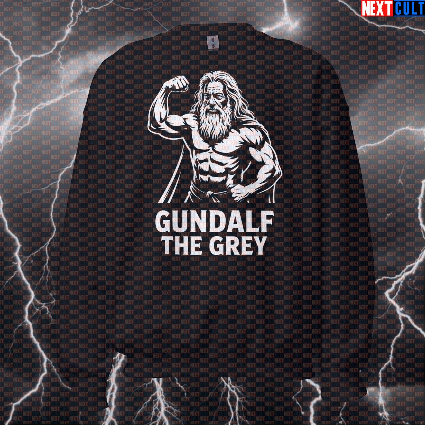 Gundalf The Grey Big Guns Funny Gym Sweatshirt - Lord Of The Rings Meme Pullover Jumper Pump Cover Bodybuilding Books Films Fitness Gandalf Gym Lord of the Rings Pump Cover Workout Next Cult Brand