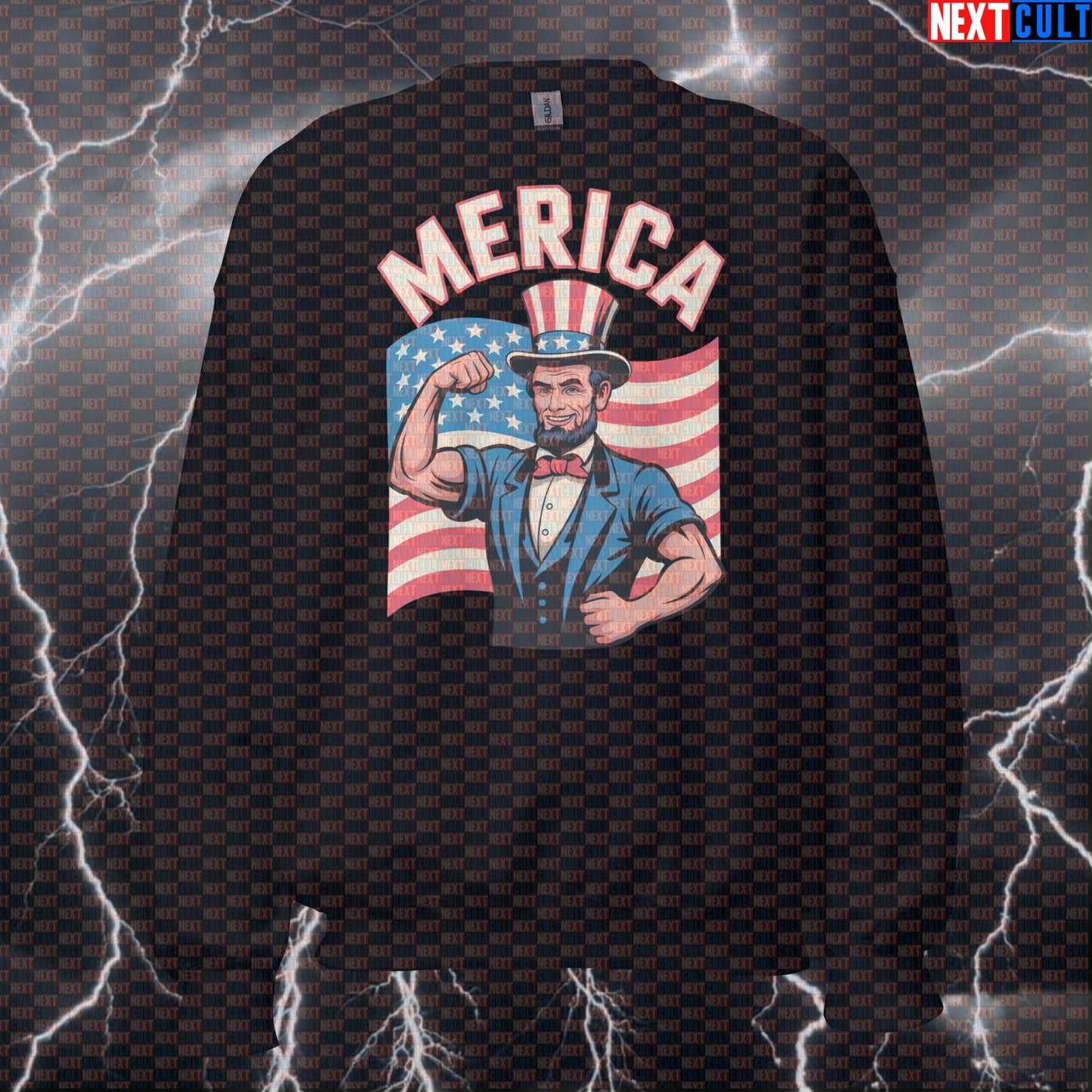 Merica Funny Abraham Lincoln 4th of July Gym Sweatshirt - Patriotic Pump Cover Jumper Pullover Sweatshirts Next Cult Brand