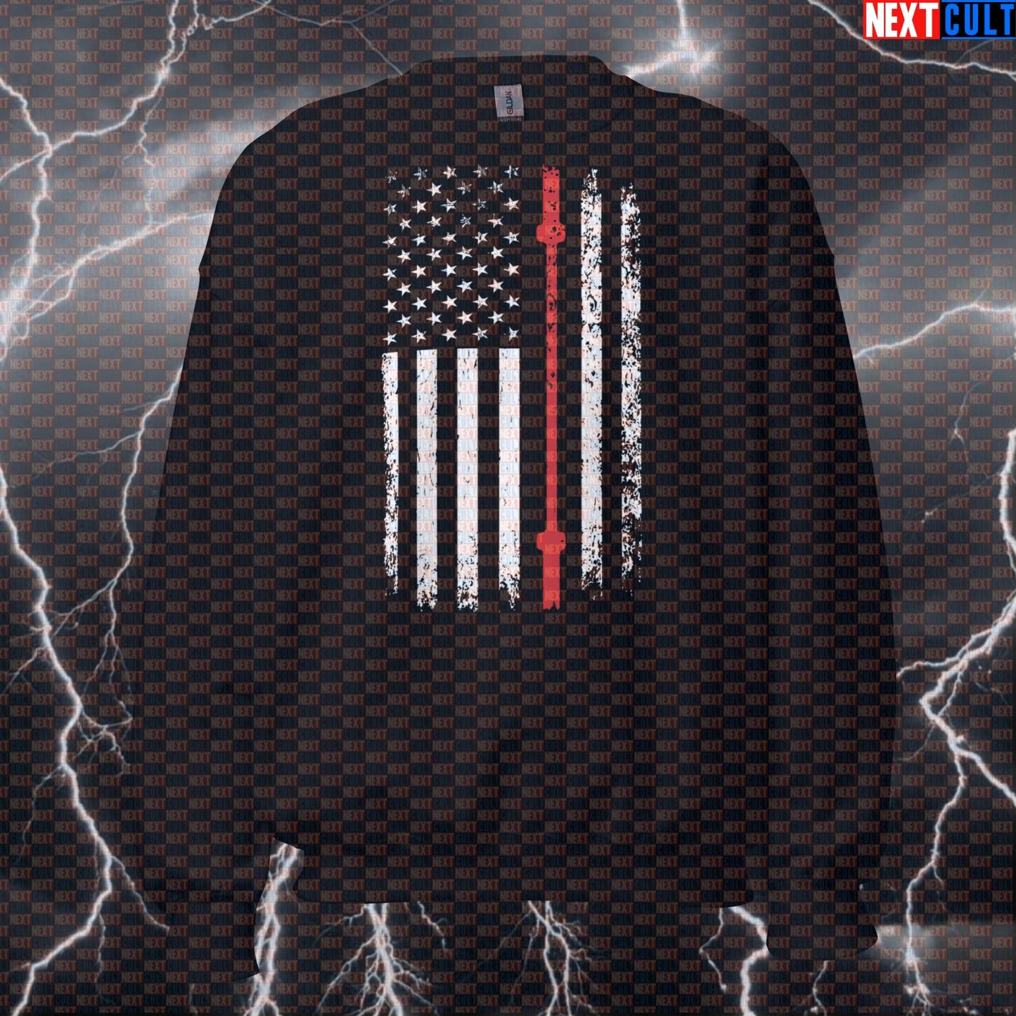 Thin Line Lifter Flag Patriotic Gym Sweatshirt | Red Barbell Firefighter Crewneck Sweatshirts 4th of July Fitness Gym Powerlifting Pump Cover Workout Next Cult Brand