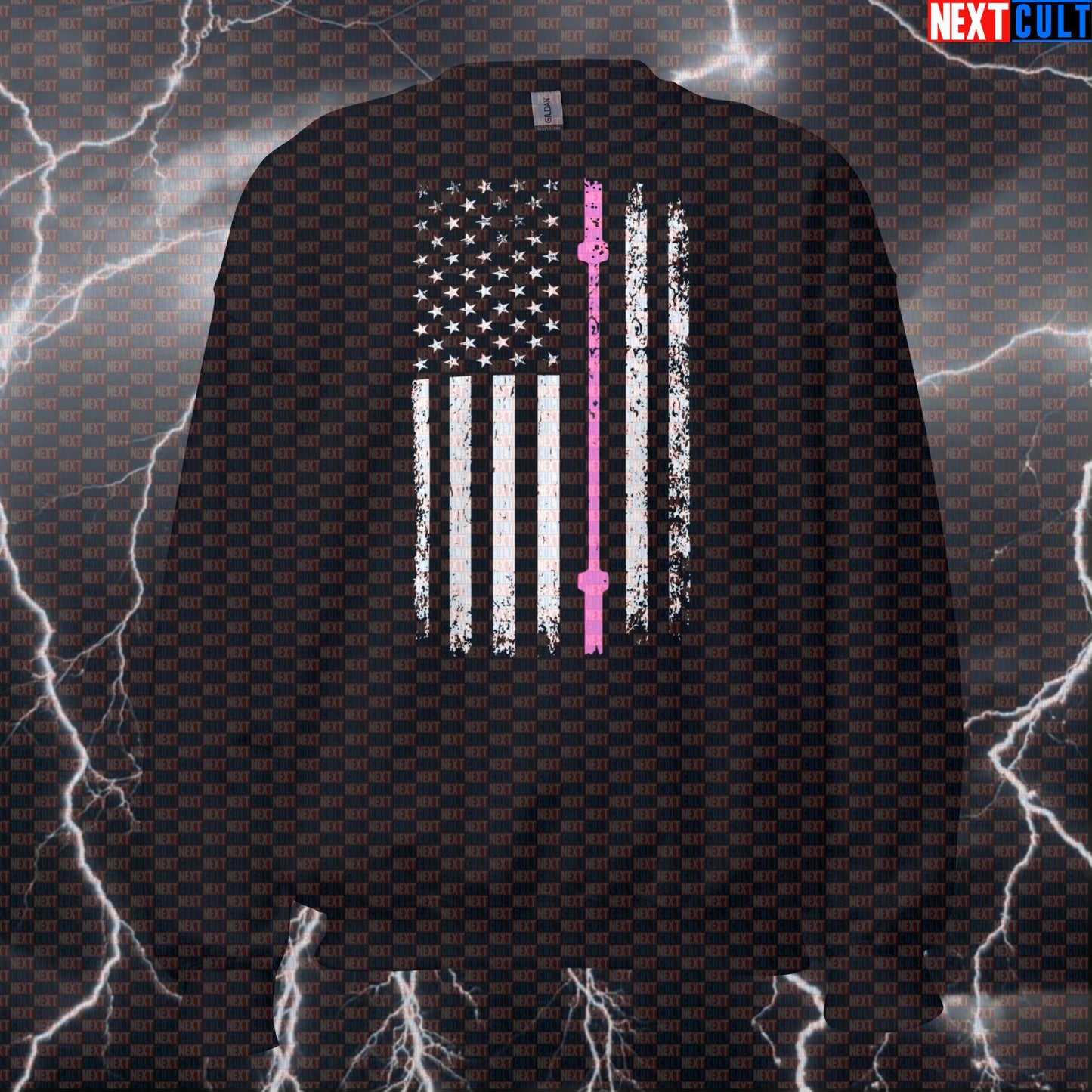 Thin Pink Line American Flag Gym Sweatshirt | Breast Cancer Awareness Funny Workout Pullover Sweatshirts 4th of July Fitness Gym Powerlifting Pump Cover Workout Next Cult Brand