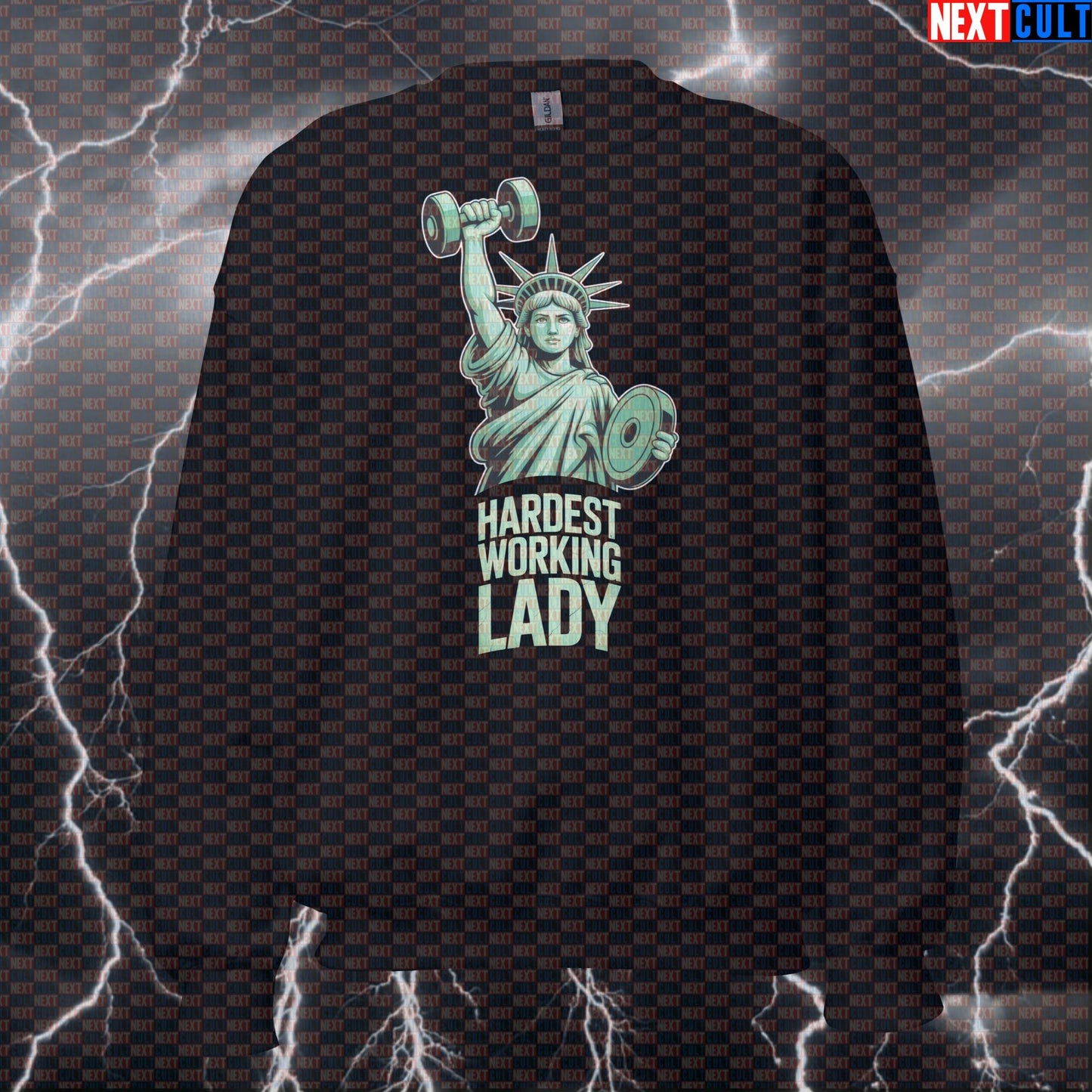 Hardest Working Lady Funny Gym Sweatshirt – Patriotic Statue of Liberty 4th of July Jumper Pump Cover 4th of July Bodybuilding Fitness Gym Pump Cover Statue of Liberty Workout Next Cult Brand