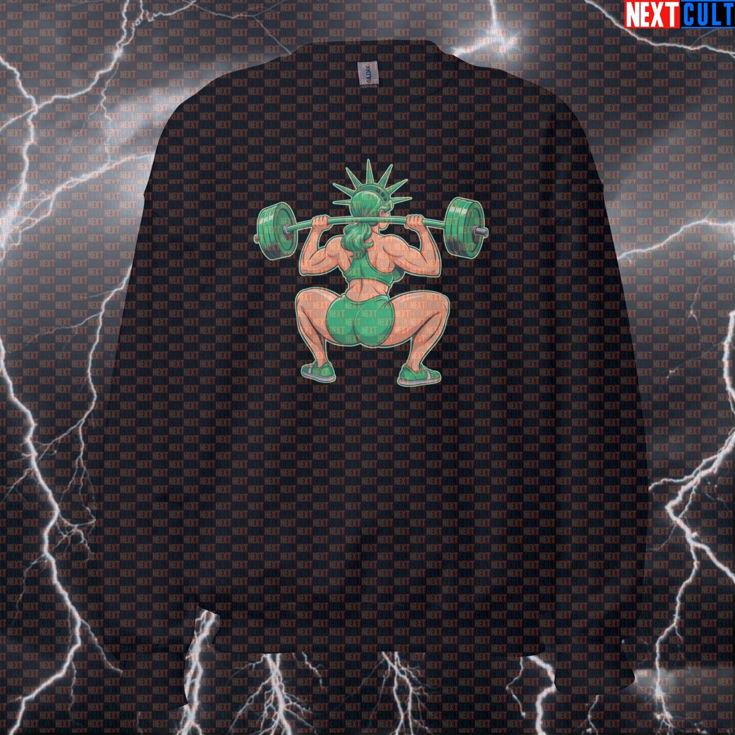 Patriotic Statue of Liberty Funny Gym Sweatshirt - 4th of July Pump Cover Jumper for Squats & Booty Gains 4th of July Bodybuilding Fitness Gym Leg Day Powerlifting Pump Cover Statue of Liberty Workout Next Cult Brand