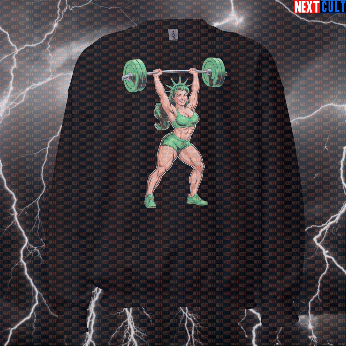 Funny Patriotic Gym Sweatshirt - Statue of Liberty Clean & Jerk Pullover Jumper Pump Cover For 4th of July 4th of July Fitness Gym Pump Cover Statue of Liberty Workout Next Cult Brand