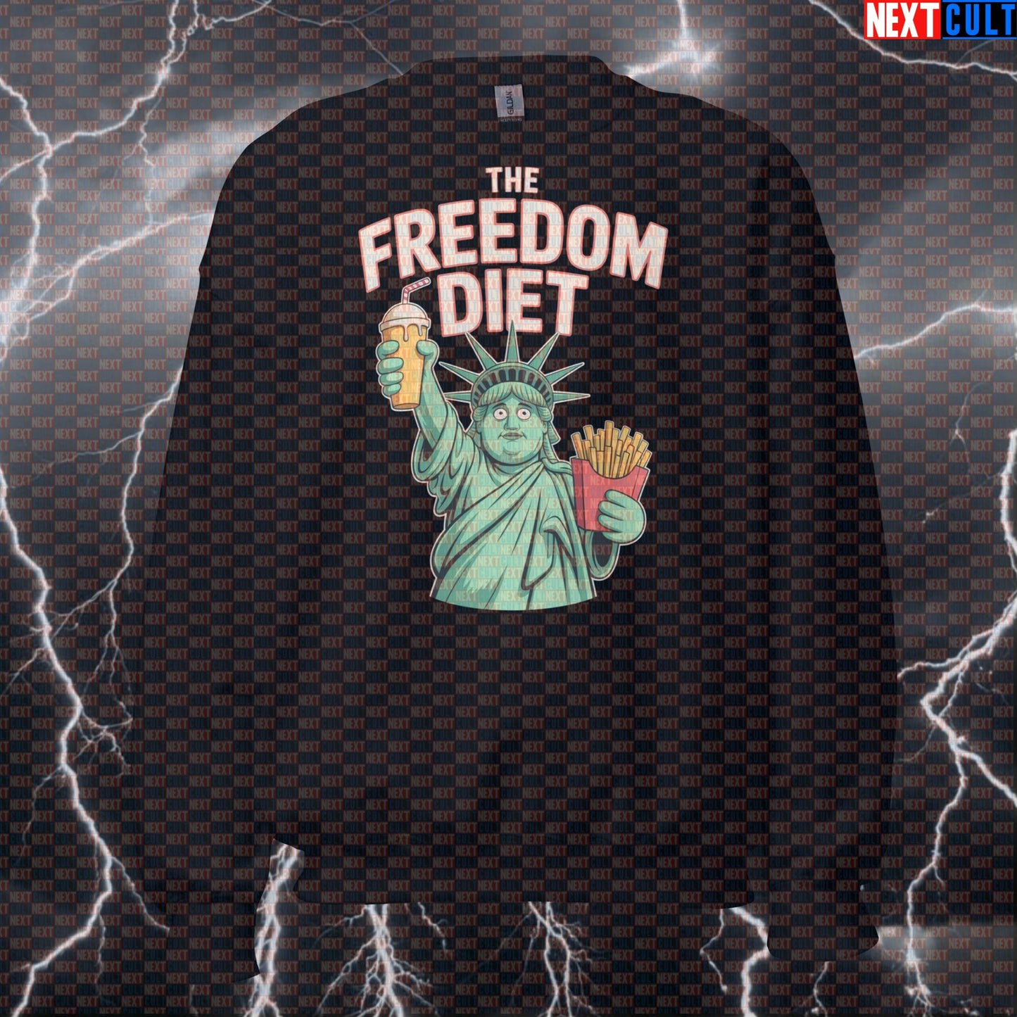 Funny Patriotic Gym Sweatshirt - Fat Statue of Liberty Pump Cover Jumper For 4th of July & Freedom Diet 4th of July Fast Food Fitness Gym Pump Cover Statue of Liberty Workout Next Cult Brand