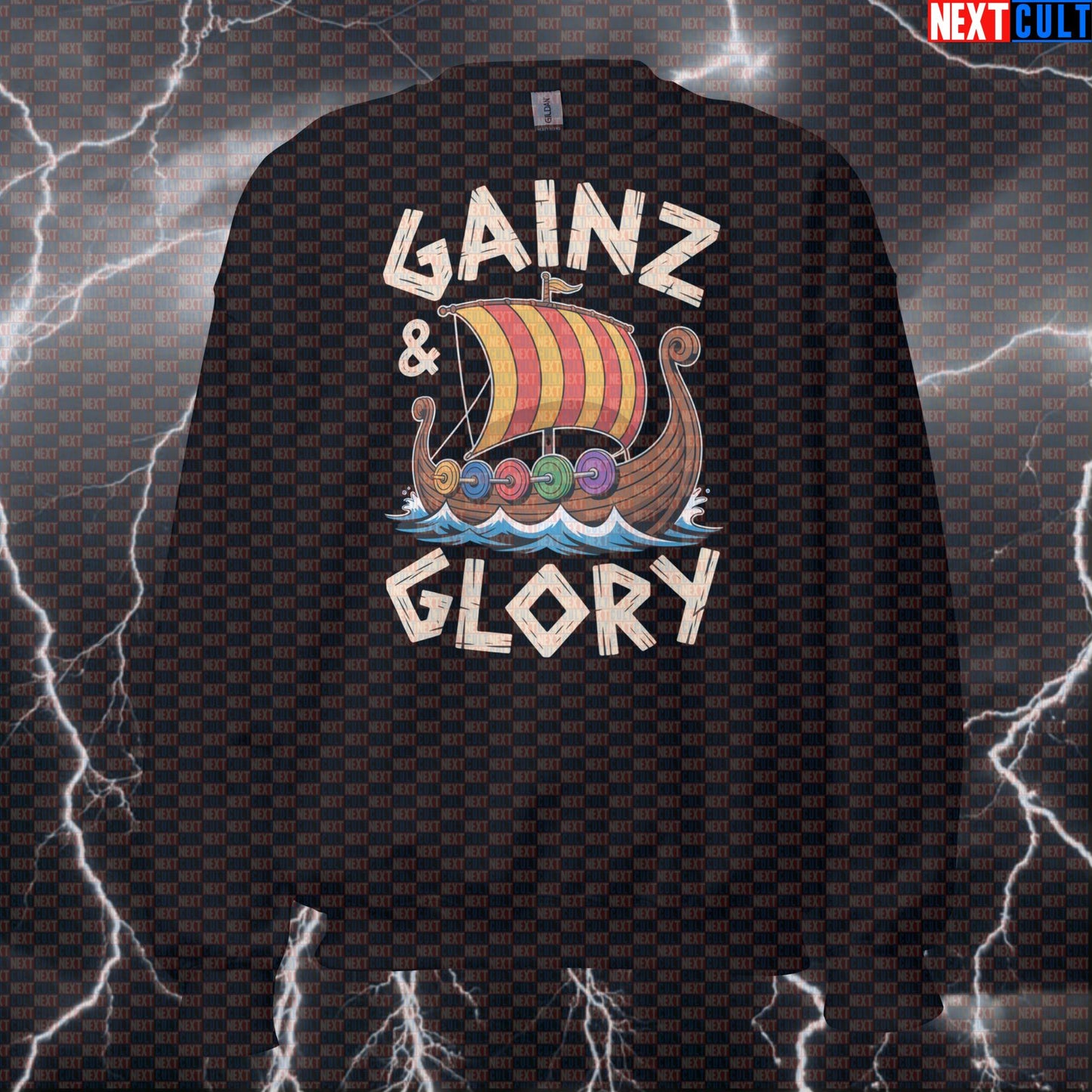 Gainz & Glory Viking Funny Gym Sweatshirt - Norse Pump Cover Crewneck Jumper Pullover For Lifters Bodybuilding Fitness Gym Pump Cover Vikings Workout Next Cult Brand
