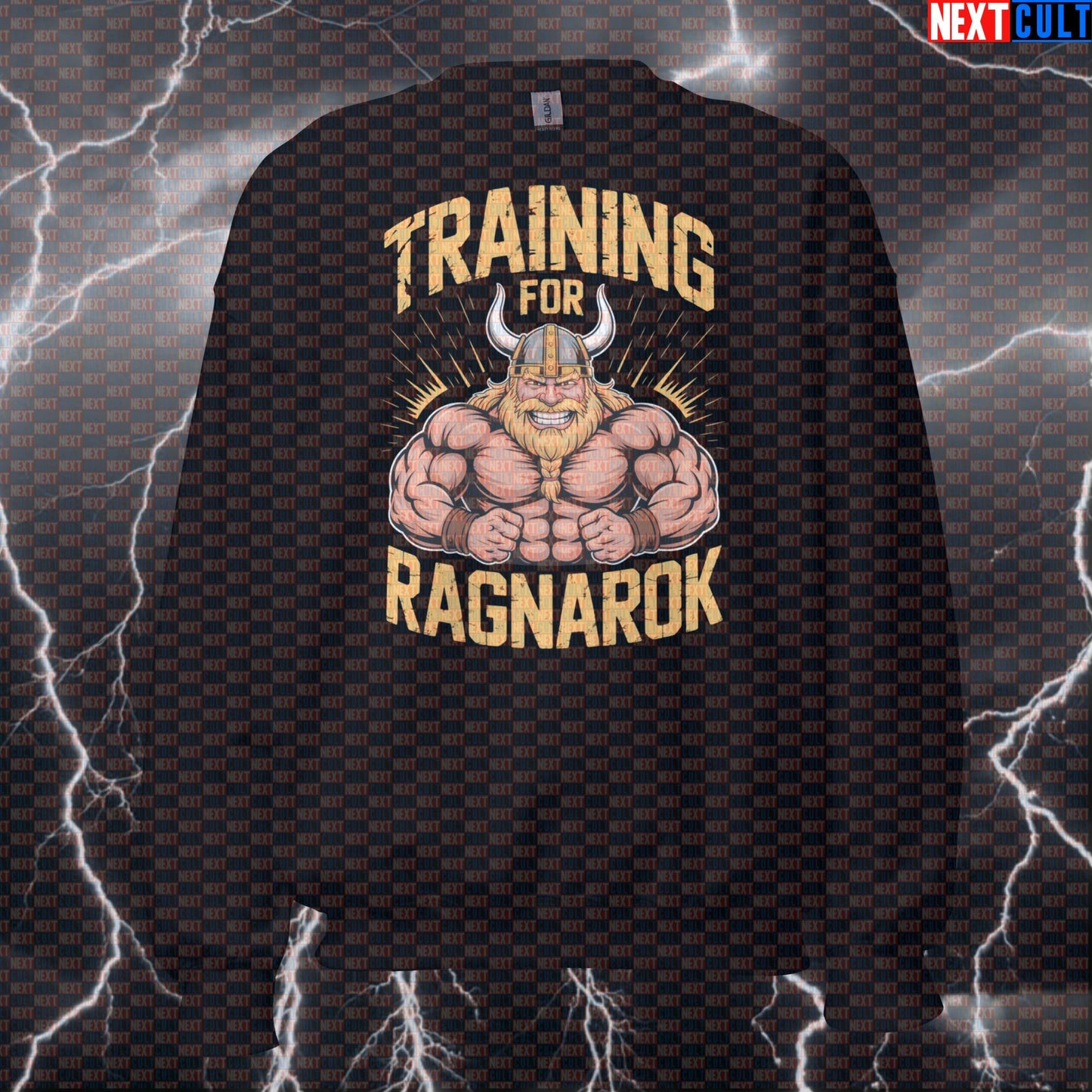 Training For Ragnarok Funny Viking Gym Sweatshirt - Norse Fitness Meme Crewneck Pullover Pump Cover Bodybuilding Fitness Gym Pump Cover Vikings Workout Next Cult Brand