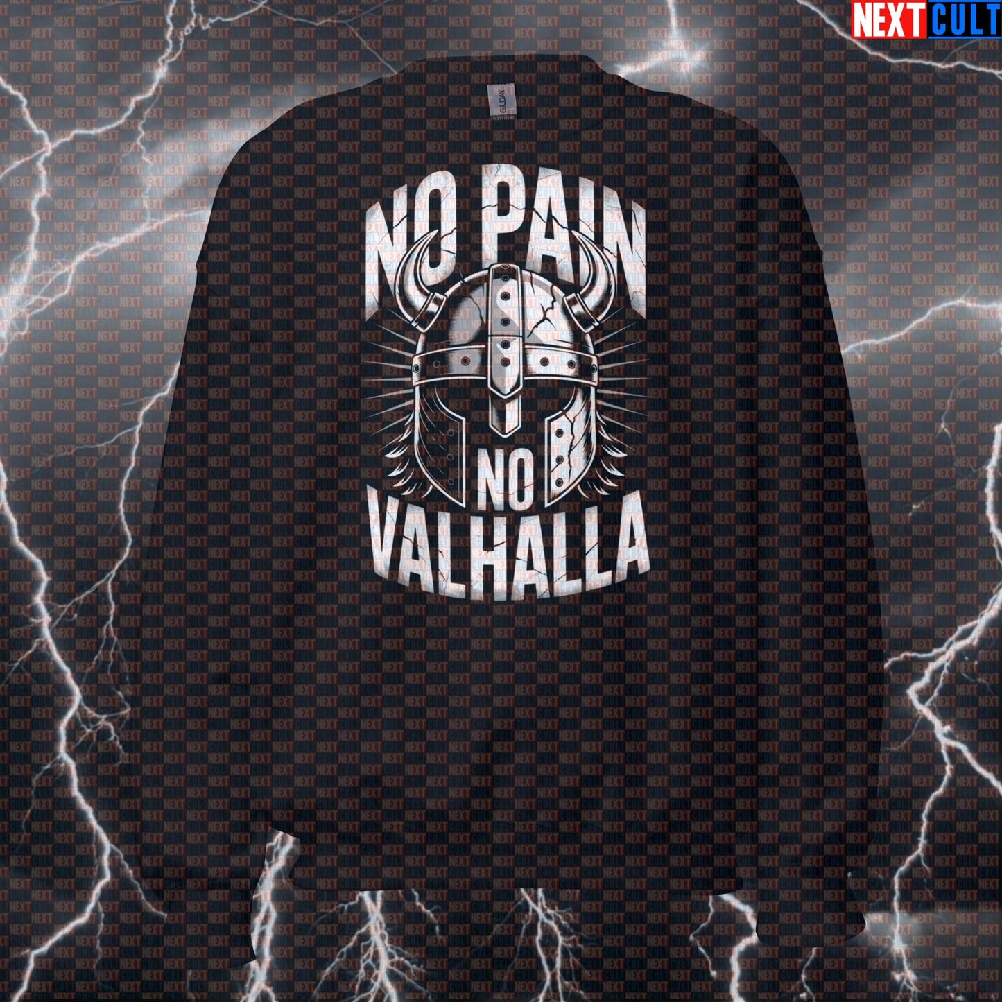 No Pain No Valhalla Funny Gym Sweatshirt - Viking Workout Jumper Norse Pump Cover Crewneck Pullover Bodybuilding Fitness Gym Pump Cover Vikings Workout Next Cult Brand