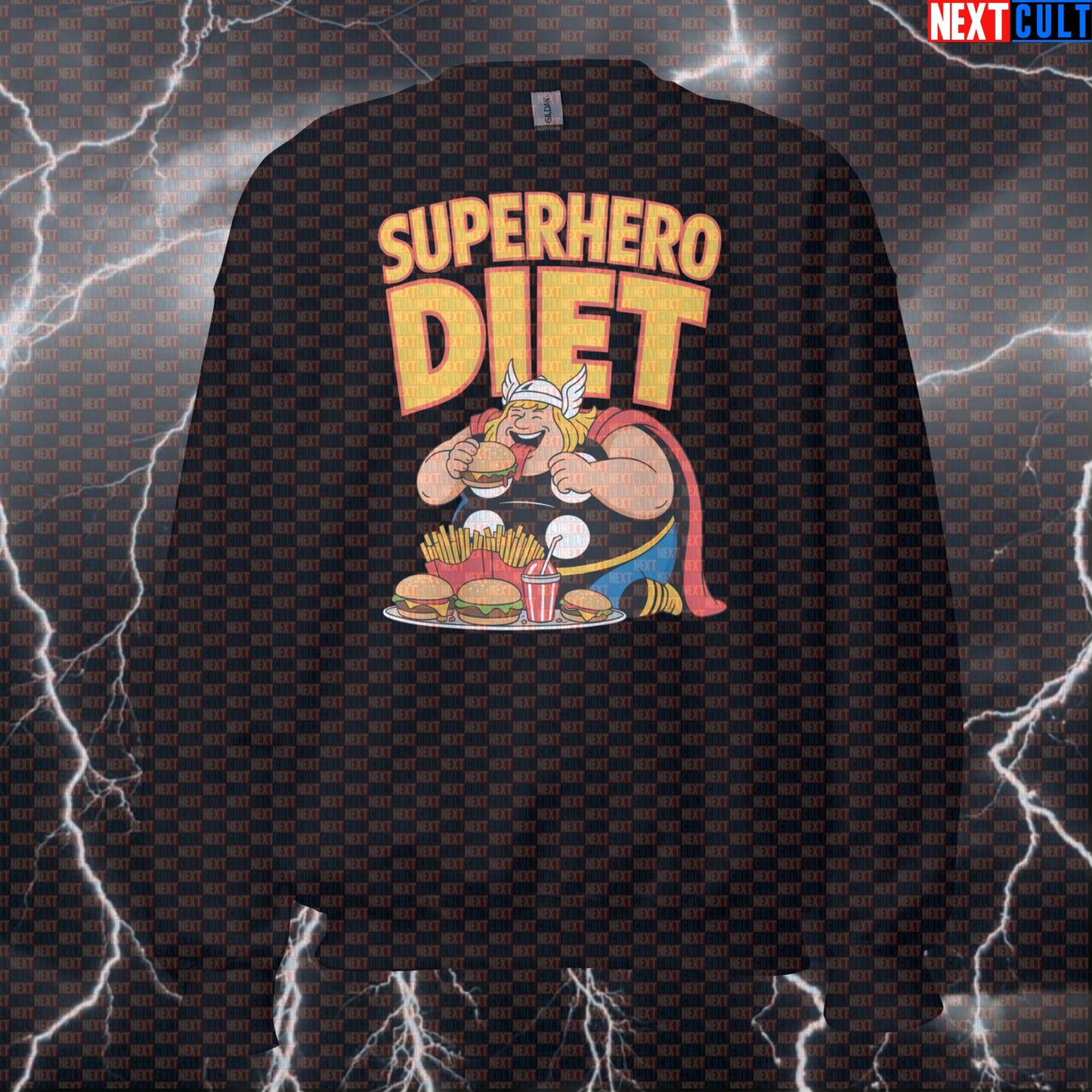 Superhero Diet Fat Thor Funny Gym Sweatshirt - Norse Meme Workout Jumper Pullover Pump Cover Avengers Bodybuilding Fast Food Films Fitness Gym Pump Cover Superheroes Thor Vikings Workout Next Cult Brand