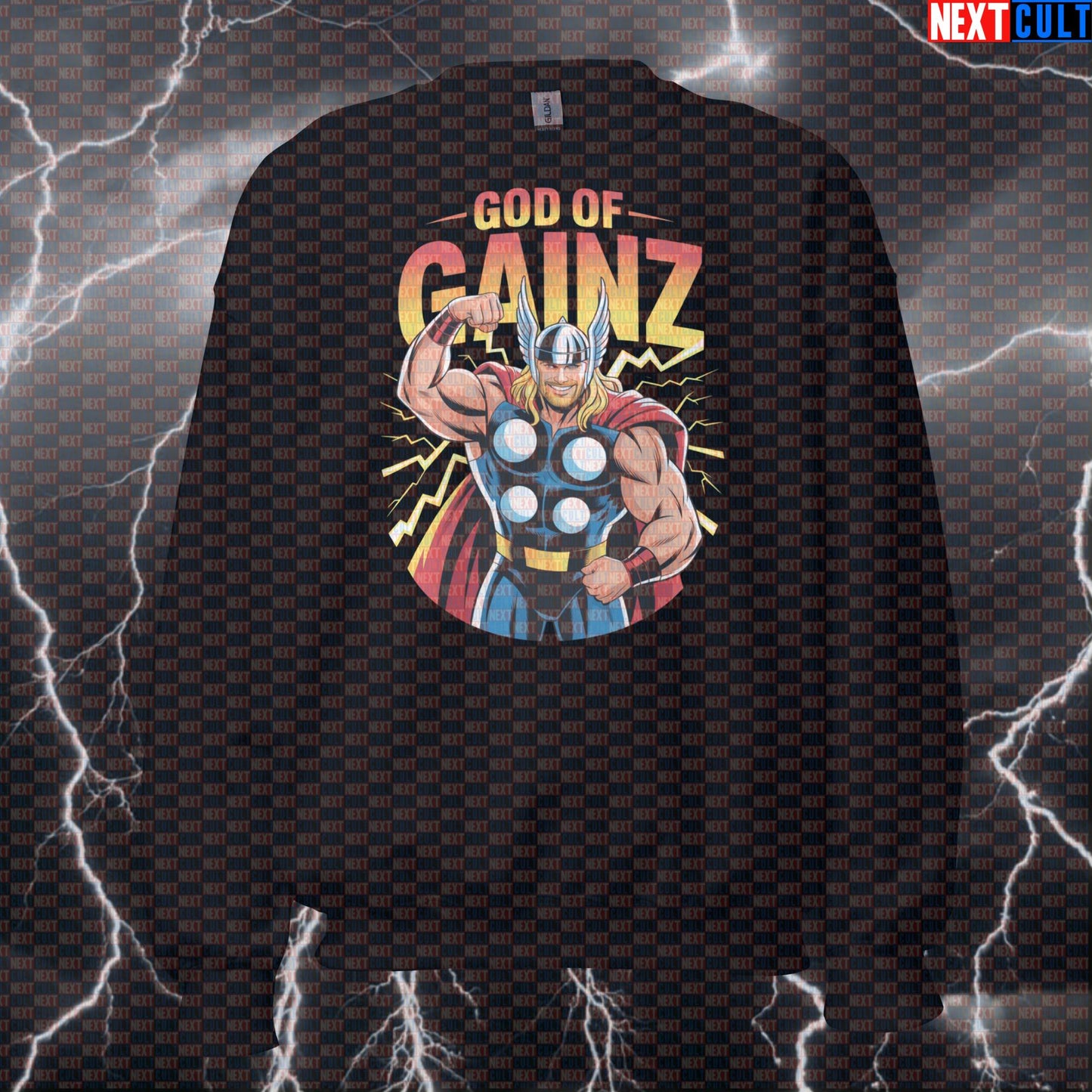God of Gainz Funny Gym Sweatshirt - Viking Thor Workout Jumper Crewneck Pullover Pump Cover Avengers Bodybuilding Films Fitness Gym Pump Cover Superheroes Thor Vikings Workout Next Cult Brand