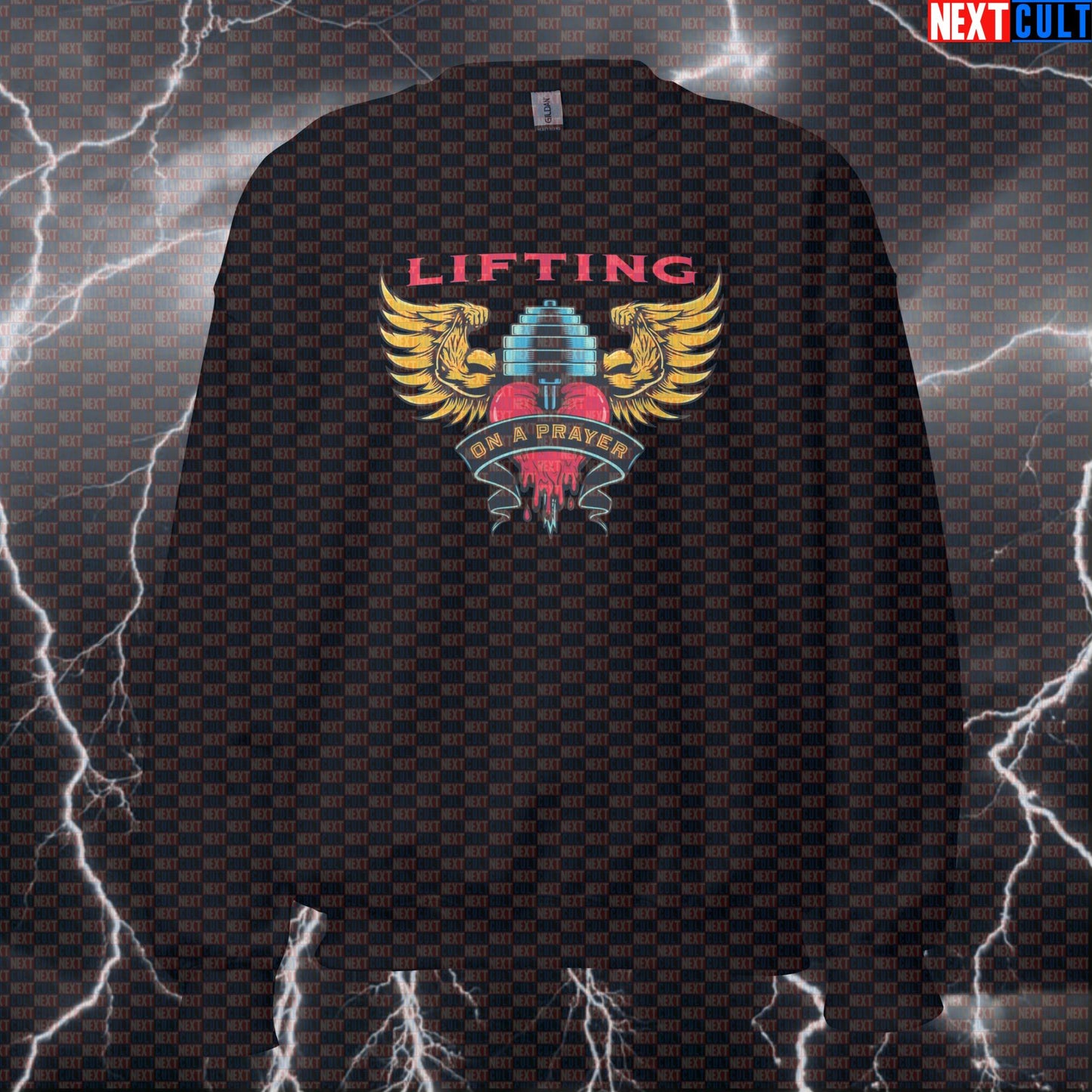 Lifting on a Prayer Funny Gym Sweatshirt - Bon Jovi Gym Meme Pullover Jumper Pump Cover For Lifters Sweatshirts Next Cult Brand