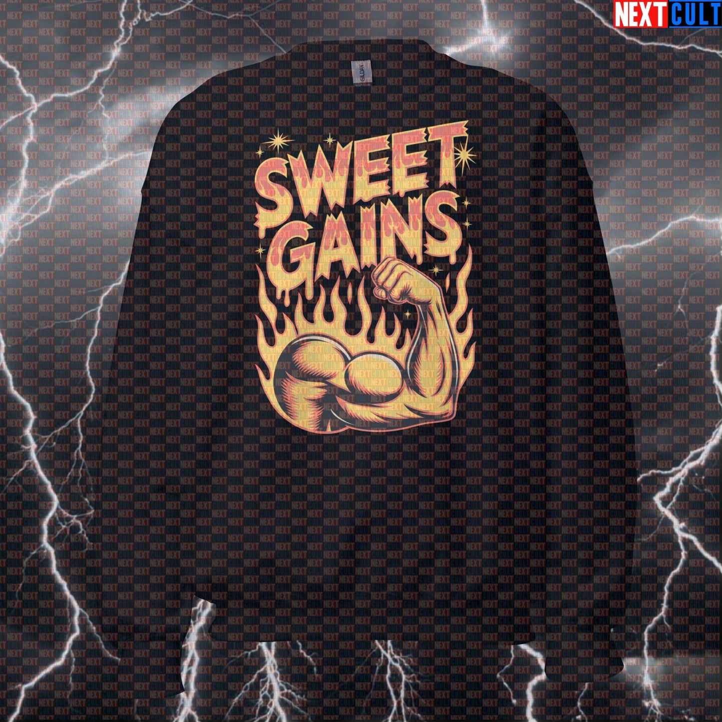 Funny Gym Sweatshirt | Sweet Gains Workout Crewneck Pump Cover Jumper for Lifters & Fitness Meme Lovers Sweatshirts Aerosmith Bodybuilding Fitness Gym Pump Cover Rock Music Workout Next Cult Brand