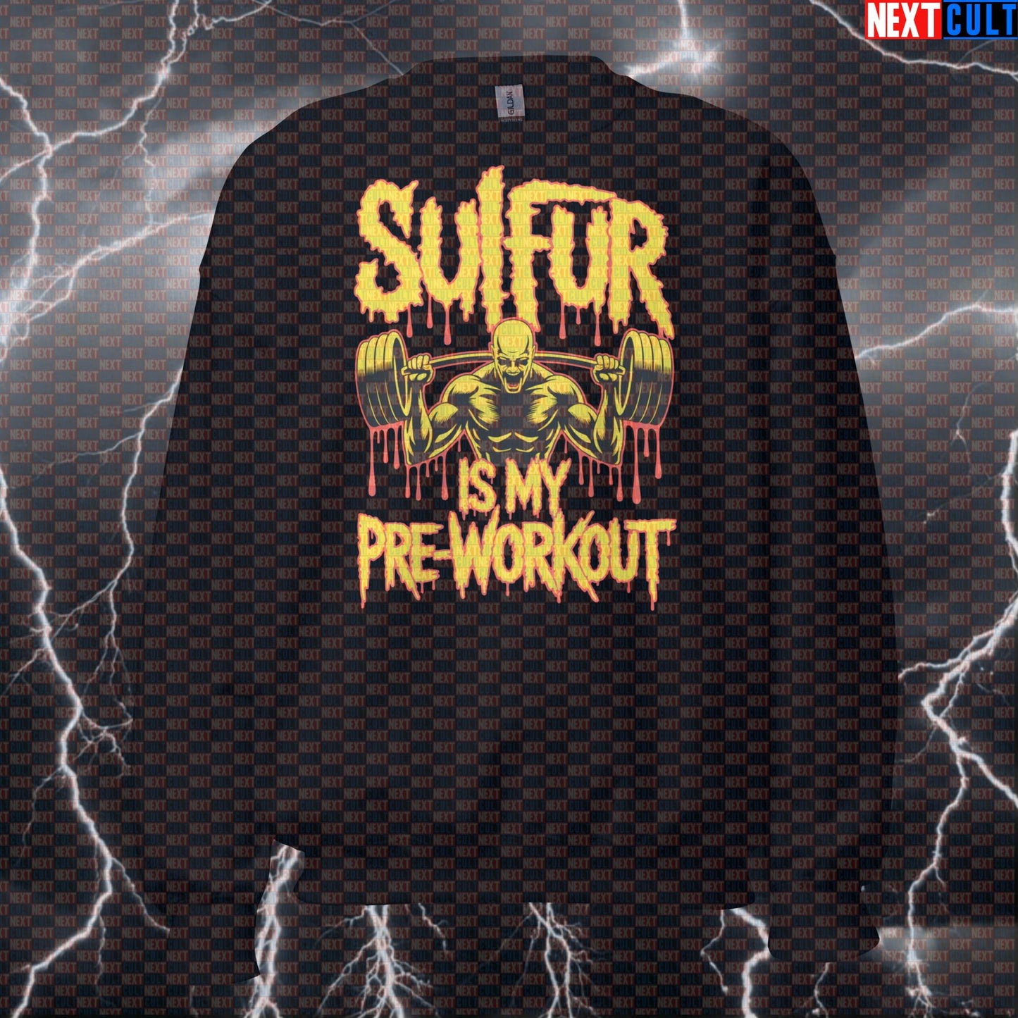 Sulfur Is My Preworkout Funny Gym Sweatshirt - Heavy Metal Meme Pullover Jumper Pump Cover Sweatshirts Bodybuilding Fitness Gym Pump Cover Rock Music Slipknot Workout Next Cult Brand