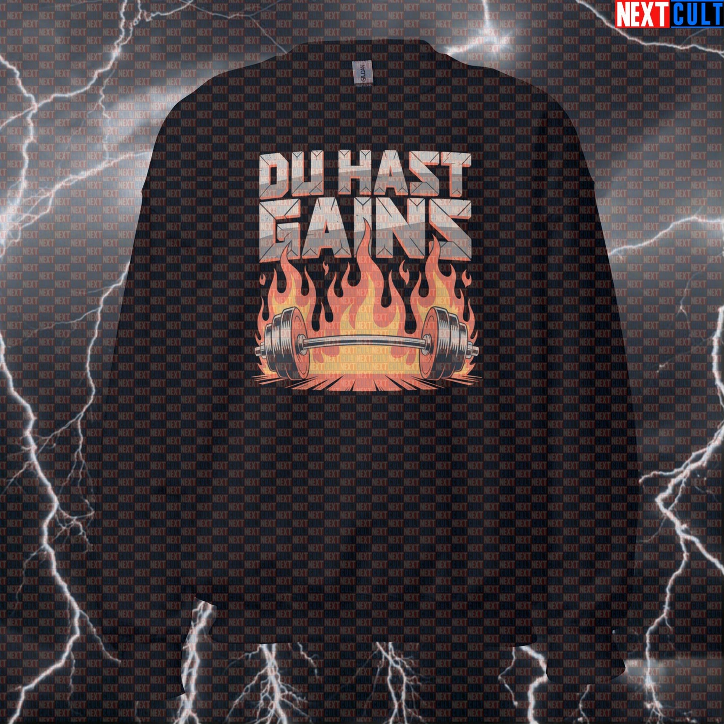 Du Hast Gains Funny Gym Sweatshirt - Rammstein Meme Pullover Jumper Pump Cover For German Metal Fans Sweatshirts Bodybuilding Fitness Gym Powerlifting Pump Cover Rammstein Rock Music Workout Next Cult Brand