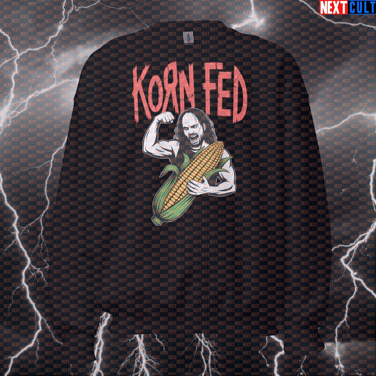 Korn-Fed Funny Gym Sweatshirt - Metalhead Workout Jumper Pump Cover Pullover For Lifters & Gymbros Sweatshirts Bodybuilding Fast Food Fitness Gym Korn Pump Cover Workout Next Cult Brand