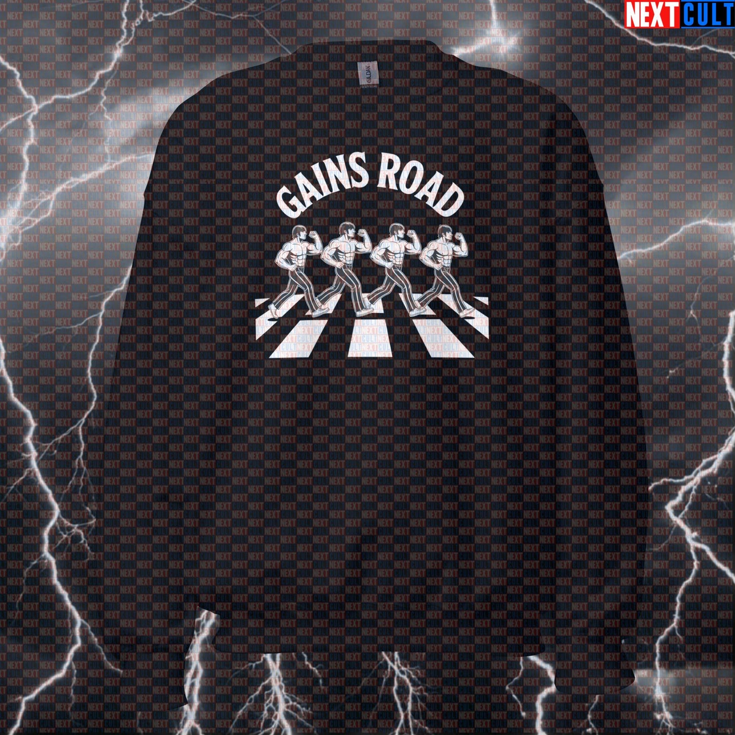 Gains Road Beatles Funny Gym Sweatshirt - Abbey Road Parody Pullover Jumper Pump Cover For Lifters Sweatshirts Bodybuilding Fitness Gym Pump Cover Rock Music The Beatles Workout Next Cult Brand
