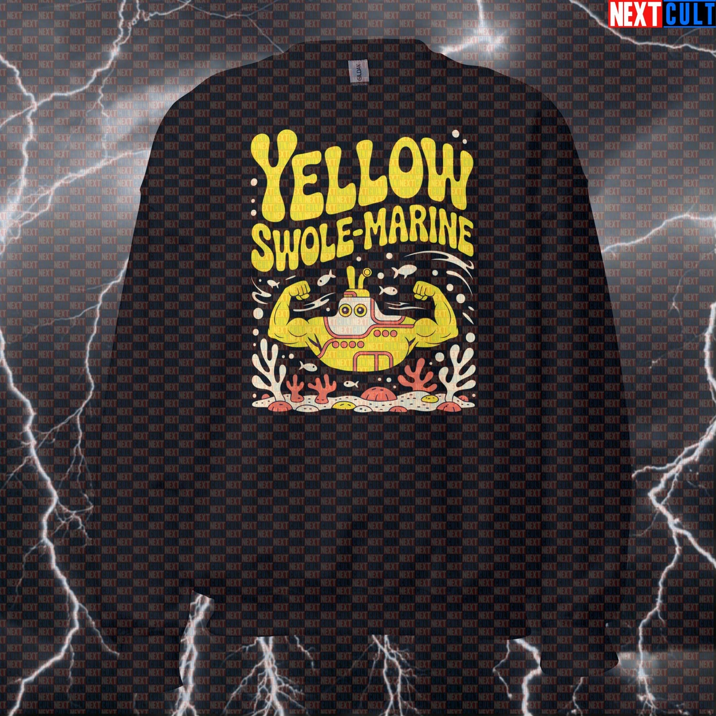 Yellow Swole-Marine Funny Gym Sweatshirt - Beatles Parody Pullover Jumper Pump Cover For Lifters Sweatshirts Bodybuilding Fitness Gym Pump Cover Rock Music The Beatles Workout Next Cult Brand