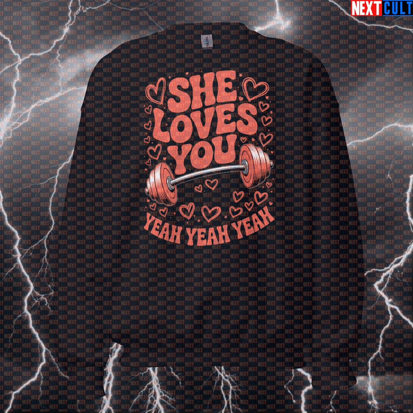 She Loves You Yeah Yeah Yeah Funny Gym Sweatshirt - Beatles Gymbro Meme Jumper Crewneck Pullover Pump Cover Sweatshirts Bodybuilding Fitness Gym Powerlifting Pump Cover Rock Music The Beatles Valentine's Day Workout Next Cult Brand