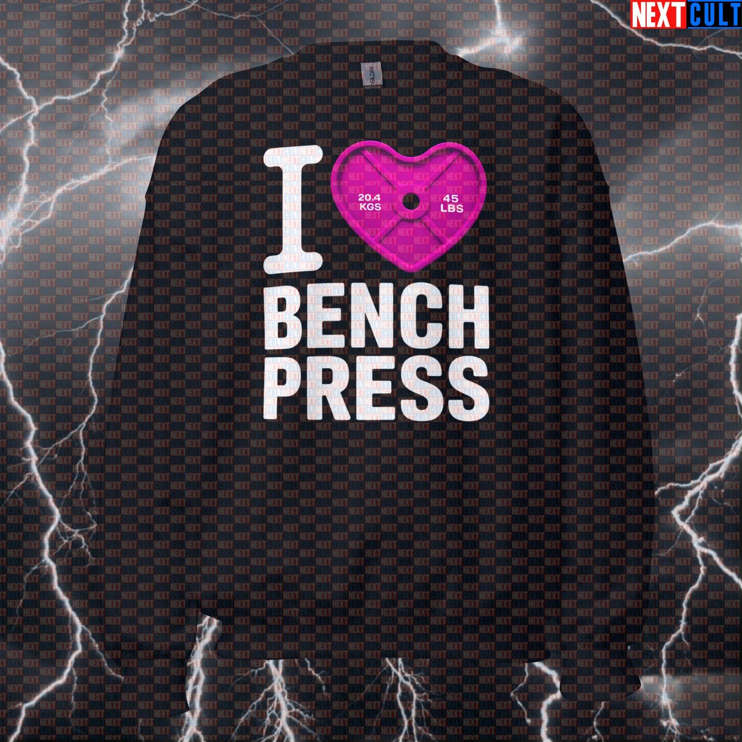 Funny Gym Sweatshirt for Lifters | I Love Bench Press Pink Heart Pullover Pump Cover Sweatshirts Bodybuilding Fitness Gym Powerlifting Pump Cover Valentine's Day Workout Next Cult Brand