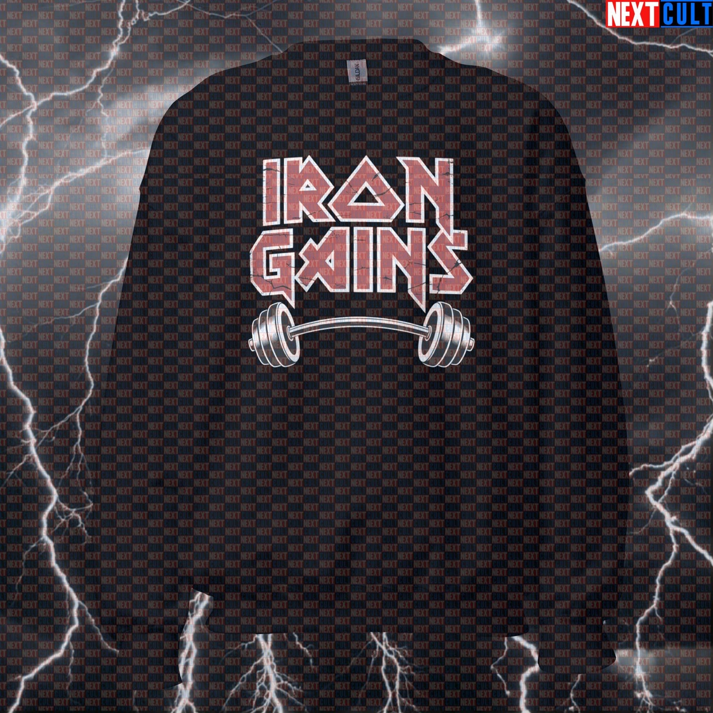 Iron Gains Funny Gym Sweatshirt – Heavy Metal Workout Crewneck Pullover Jumper Gym Top Sweatshirts Bodybuilding Fitness Gym Iron Maiden Powerlifting Pump Cover Rock Music Workout Next Cult Brand