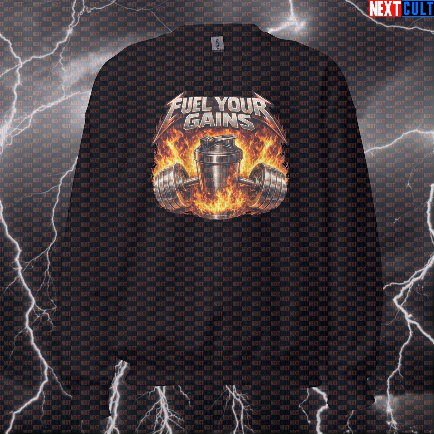 Fuel Your Gains Metallica Rock Music Funny Gym Sweatshirt — Protein Shakes Bodybuilding & Powerlifting Meme Crewneck Sweatshirts Bodybuilding Fitness Gym Metallica Powerlifting Pump Cover Rock Music Workout Next Cult Brand