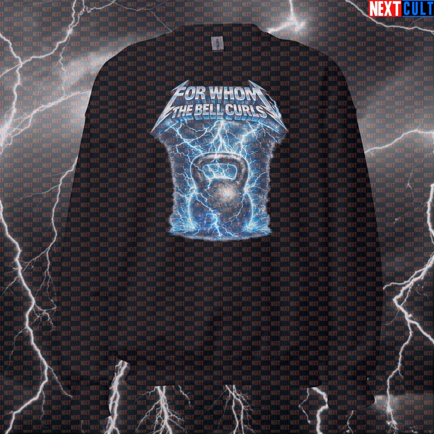 For Whom The Bell Curls Funny Gym Sweatshirt Metallica Kettlebell Workout Crewneck Heavy Metal Lifting Meme Bodybuilding Fitness Gym Kettlebell Metallica Pump Cover Rock Music Workout Next Cult Brand