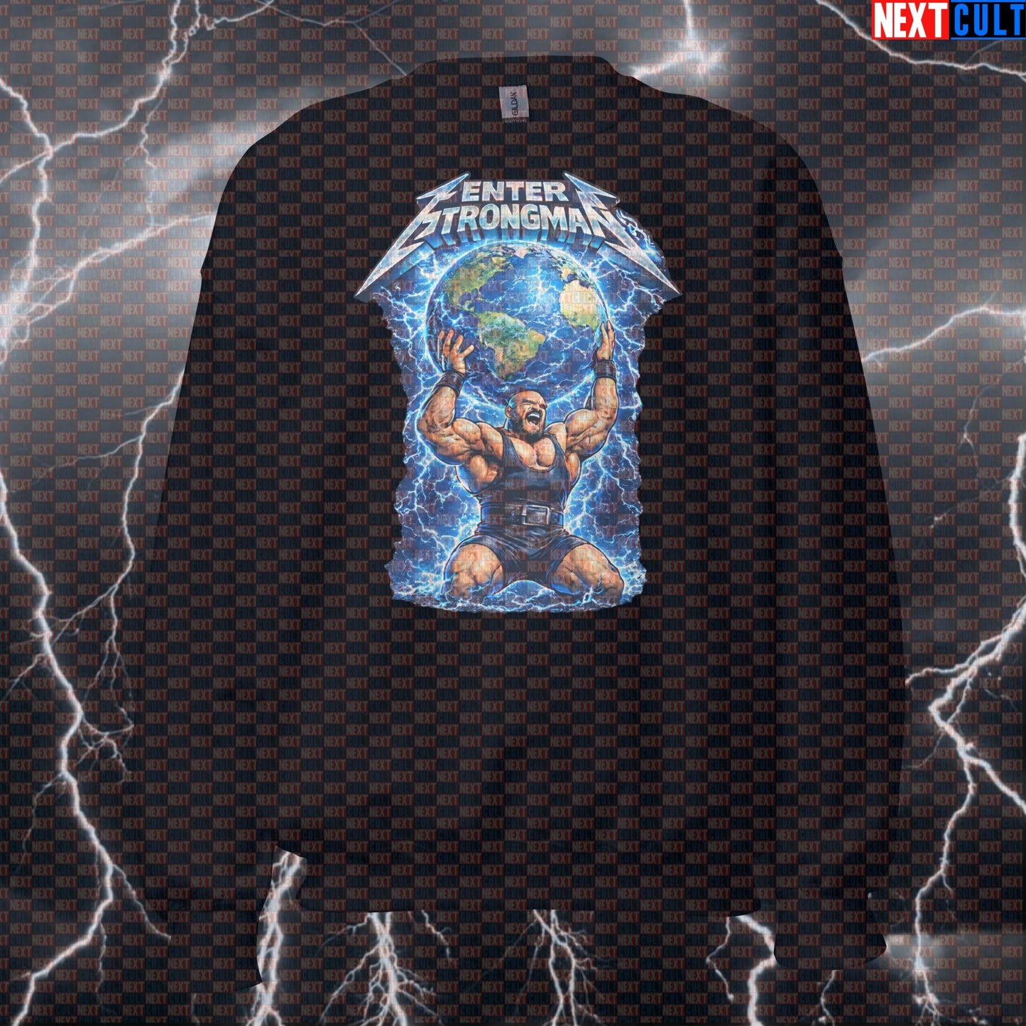 Enter Strongman Funny Gym Sweatshirt Enter Sandman Parody Strongman Atlas Stone Metallica Heavy Metal Crewneck Fitness Gym Metallica Pump Cover Rock Music Strongman Workout Next Cult Brand