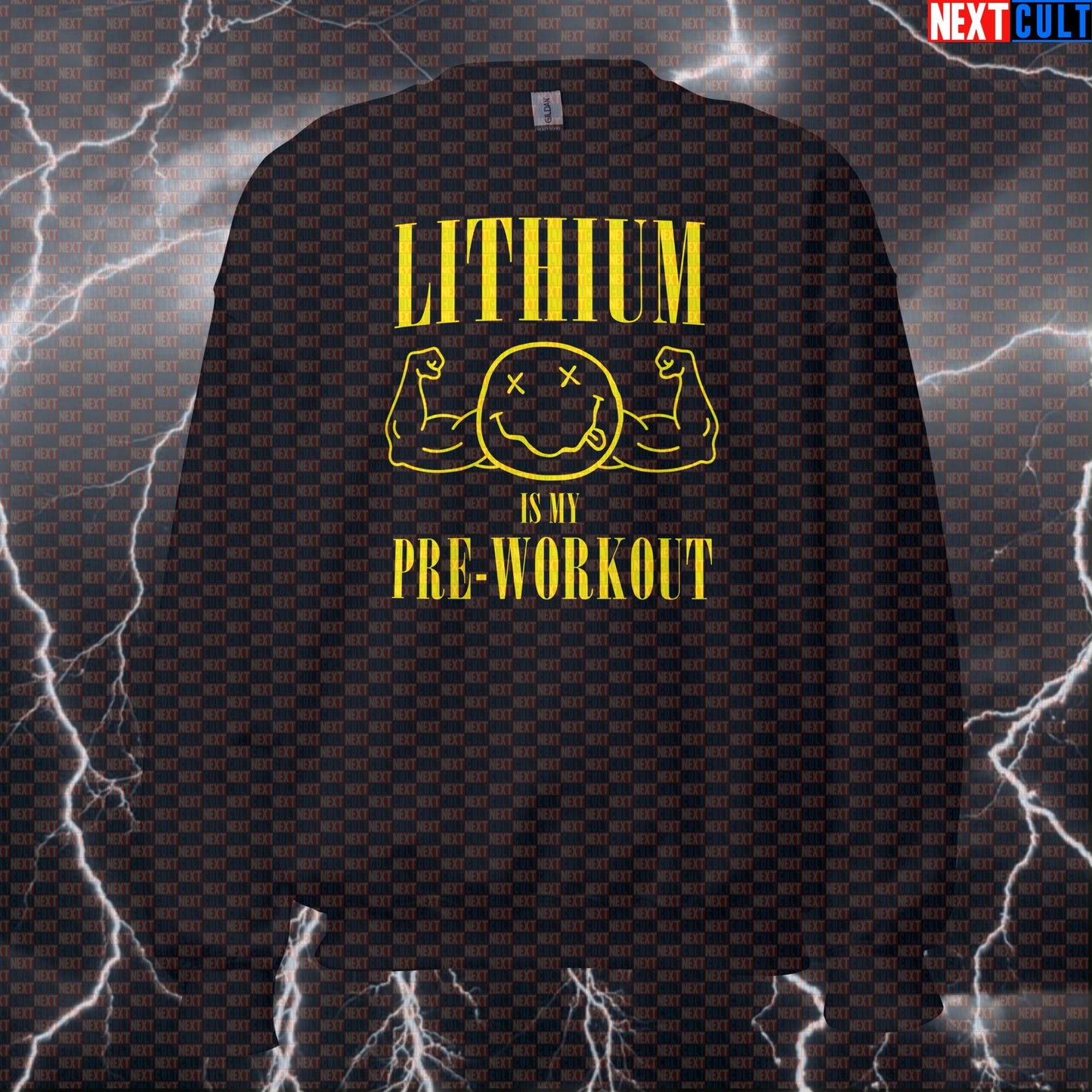 Lithium Is My Pre Workout Funny Gym Sweatshirt Crewneck Pump Cover Pullover Sweater for Lifters Nirvana Fans Sweatshirts Bodybuilding Fitness Gym Nirvana Pump Cover Rock Music Workout Next Cult Brand